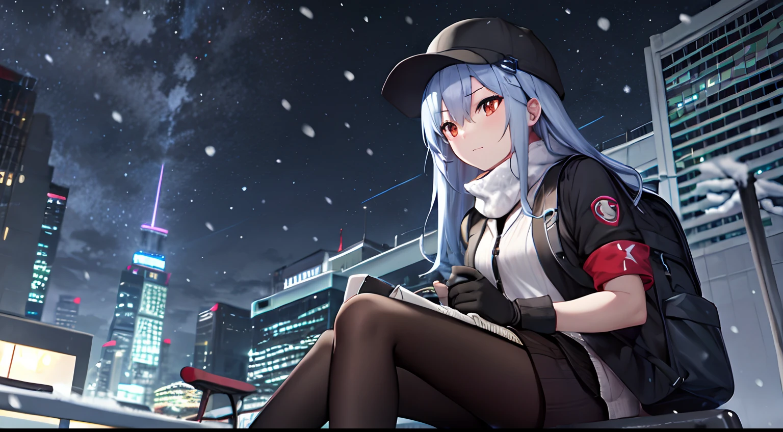 girls, jacket white and black, use backpack, park, sit on the chair, facing the sky, use hat blue, armband yellow, night time, long hair, snowing, gloves