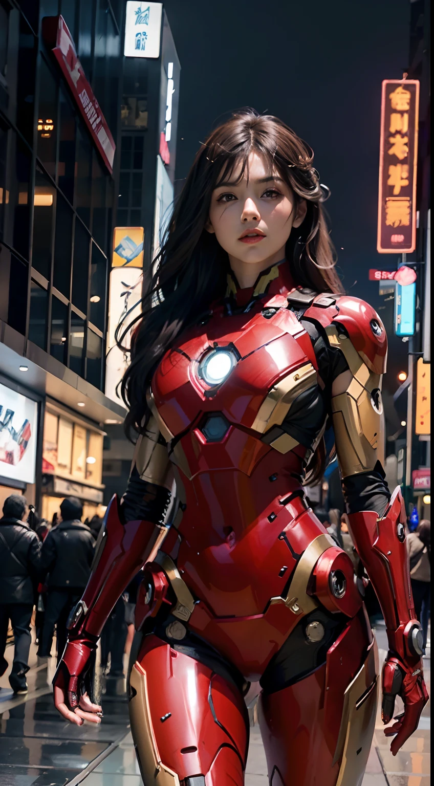 8k, realistic, attractive, highly detailed, a 20 year old girl a sexy and attractive woman inspired by Iron Man wearing a shiny Iron Man mech. She dresses with sexiness and confidence, perfectly interpreting Iron Man's strength and charisma. In a cyberpunk-style city night scene, a sexy and attractive woman takes Iron Man's cosplay as the theme. Wearing a shiny Iron Man mech, she stands on a street lined with tall buildings. The night lights of the city are bright, reflecting on her mecha, adding a sense of future technology. The surrounding buildings and streets are full of cyberpunk elements, such as neon lights, high-tech devices and futuristic architectural designs. The whole scene is full of futuristic and sci-fi atmosphere. This high-definition, high-quality picture will bring you stunning visual enjoyment, a perfect combination of sexy, futuristic and sci-fi elements. oc rendering, dramatic lighting, award winning quality