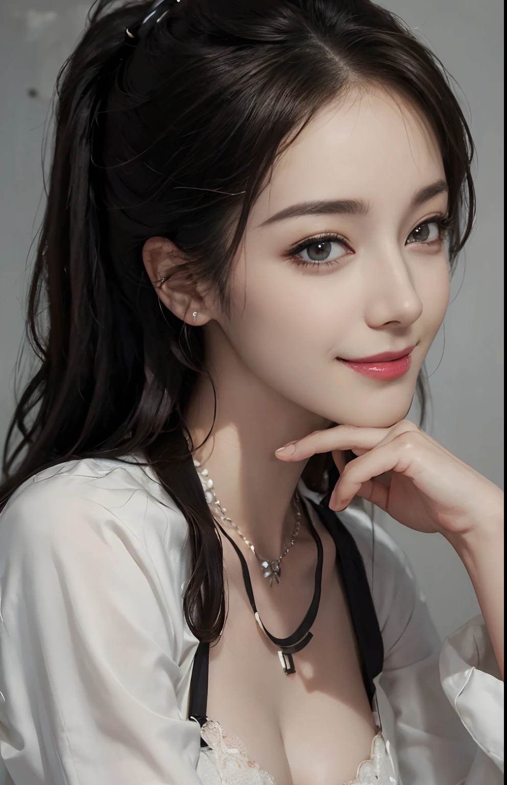 (Ultra Realistic), (Illustration), (High Resolution), (8K), (Very Detailed), (Best Illustration), (Beautiful and Detailed Eyes), (Best Quality), (Ultra Detailed), (Masterpiece), (Wallpaper), (Detailed Face), One Girl, Look Front, Fine Details, Detailed Face, Low Key, pureerosfaceace_v1, Dark Eyeliner, Bangs, Big, (Best Quality, 8k, 32K, Masterpiece) 1gril, brown ponytail, large breasts, (detailed white loose shirt: 1.5), shorts, cleavage, shirt with white collar, necklace, (detailed lace bra: 1.1), (slouch: 1.8), smile, get on all fours, look down,