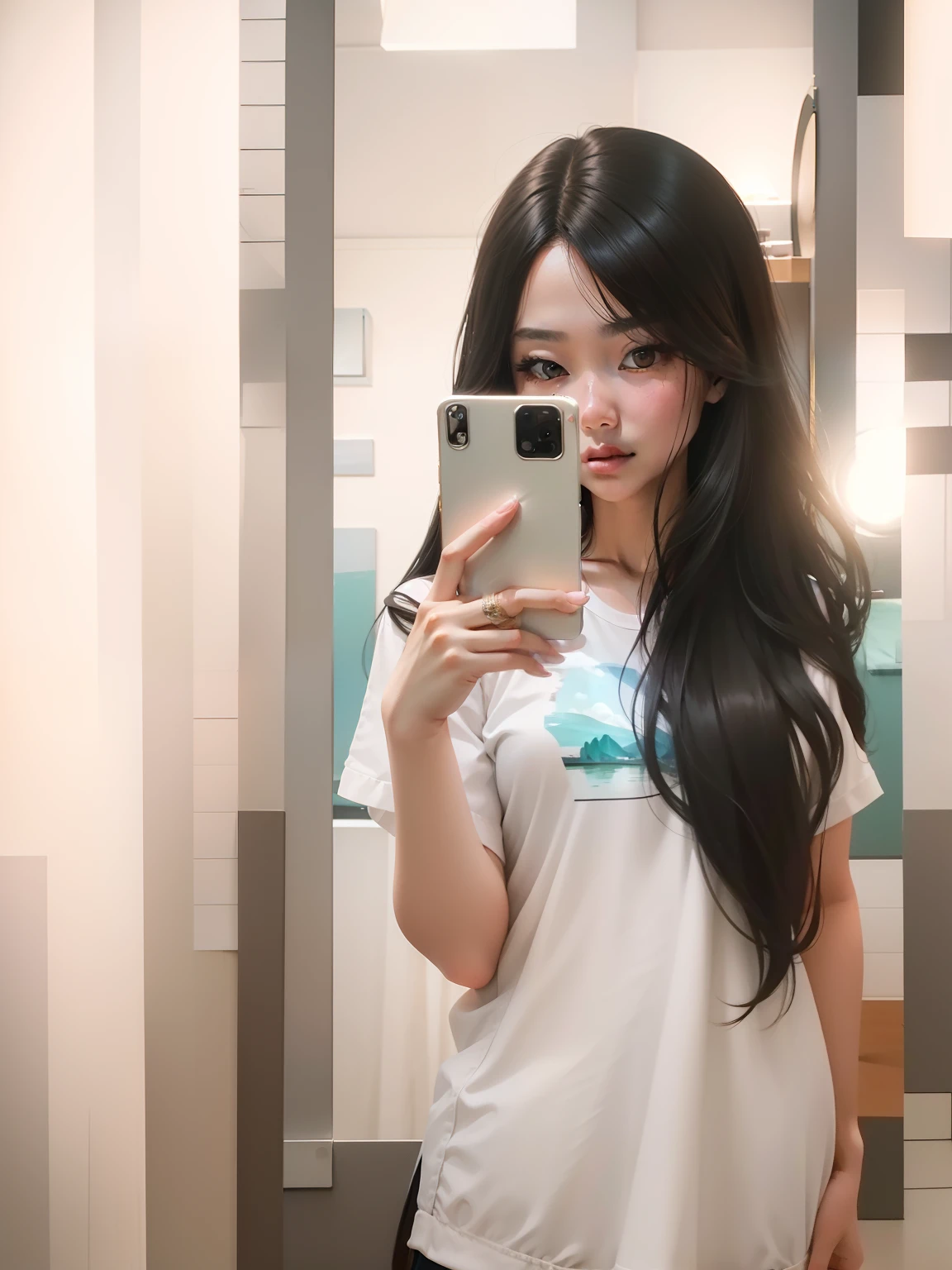 there is a woman that is taking a selfie in a mirror, With long hair, 8k selfie photograph, 1 8 I, dang my linh, ses cheveux sont blancs, 🤤 girl portrait, low quality footage, 18 years old,Two-dimensional painting style,Very, very good-looking