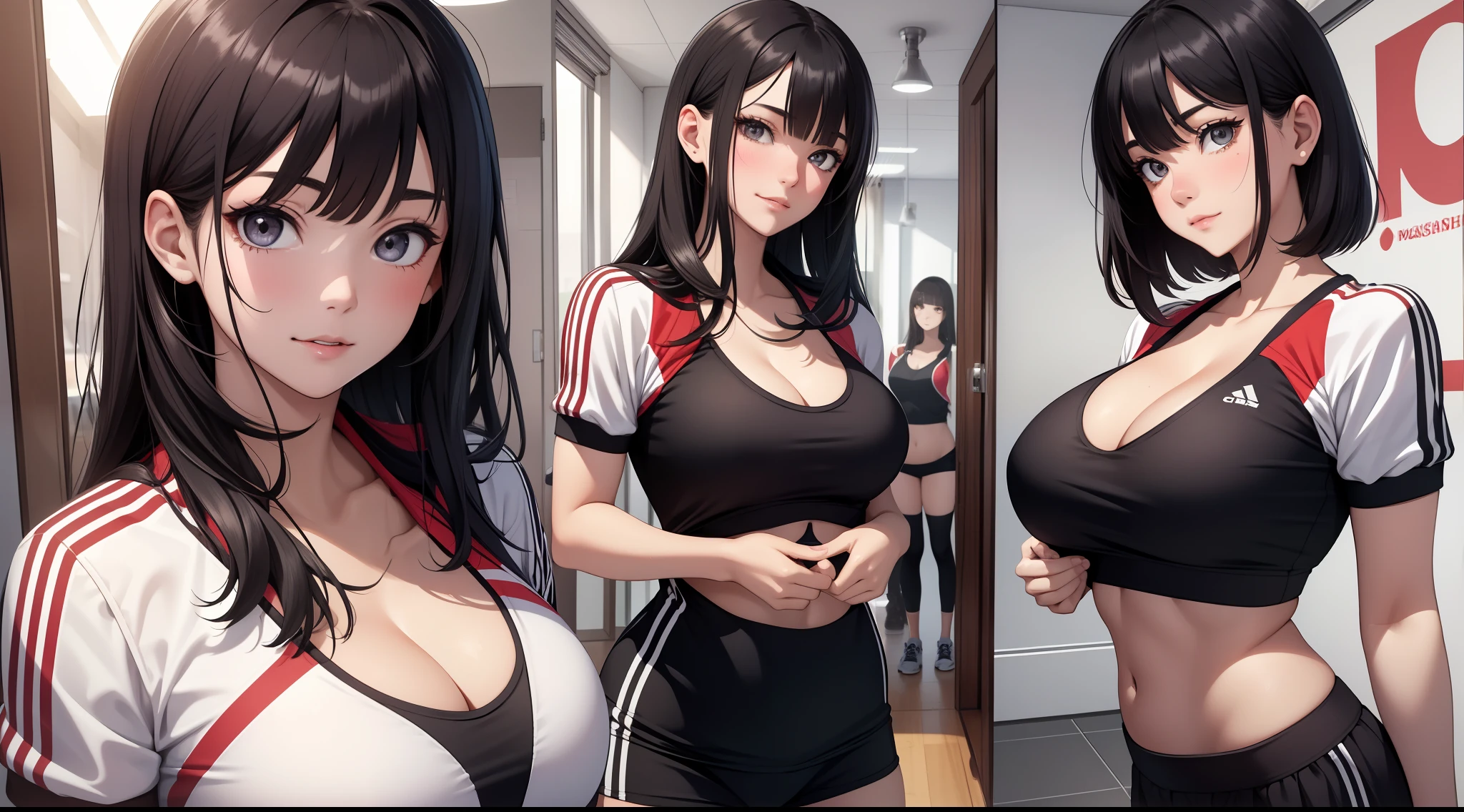 (Best quality:1.1), (Masterpiece:1.2), 5 girls，track suit，are standing，Highqualityshadow, Beautiful detailed, Beautiful face, Detailed eyes,Depth of field, A high resolution, Best shadow, Best illumination, Kizi, view the viewer, （Five-color hair:1.3)，Brush cut，extra very short hair, Blunt bangs, Long hair, Black eyes, Shy, Large breasts, Miniskirt, Volleyball hall，inside in room，Exercise posture， Sunburn，Boo marker，cleavage，looks into camera，ssmile，closeup cleavage，Superskirt