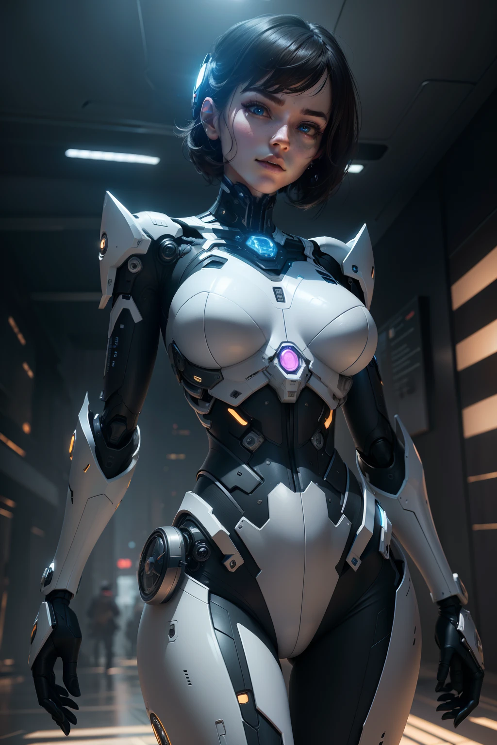 Complex 3d rendering super detailed porcelain female cyborg, 1girl, (natural skin texture, realistic eye details: 1.2), robot parts, beautiful soft light, edge light, vibrant details, luxury cyberpunk, surreal, anatomy, facial muscles, cable wire, microchip, elegant, beautiful background, octane rendering, apple style, 8k, best quality, masterpiece, illustration, extremely refined and beautiful, CG, unity, wallpaper, (realistic, Realism: 1.2), amazing, fine details, masterpiece, best quality, official art, extremely detailed CG Unity 8k wallpaper, incredibly ridiculous, sexy robot, mechanical skeleton, robot, surrealism, apocalyptic wasteland, (high-tech prosthetics: 1.2), fluffy short black hair, perfect body, navy blue glowing cyber ship