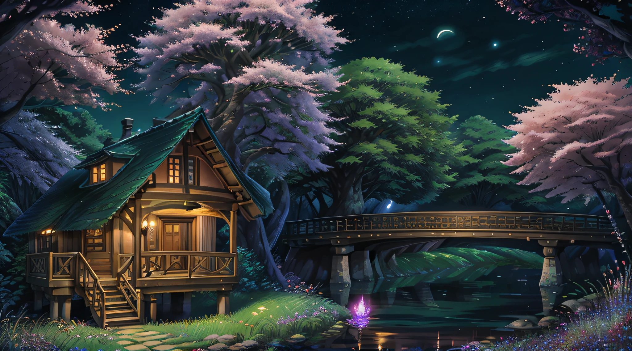 （When arriving on the planet Pandora，the night，Towering trees（tree house），Magnificent wooden bridge，Lush peach blossom trees，lawns，Extremely colorful，with dynamism、...... In this "arcadia"
