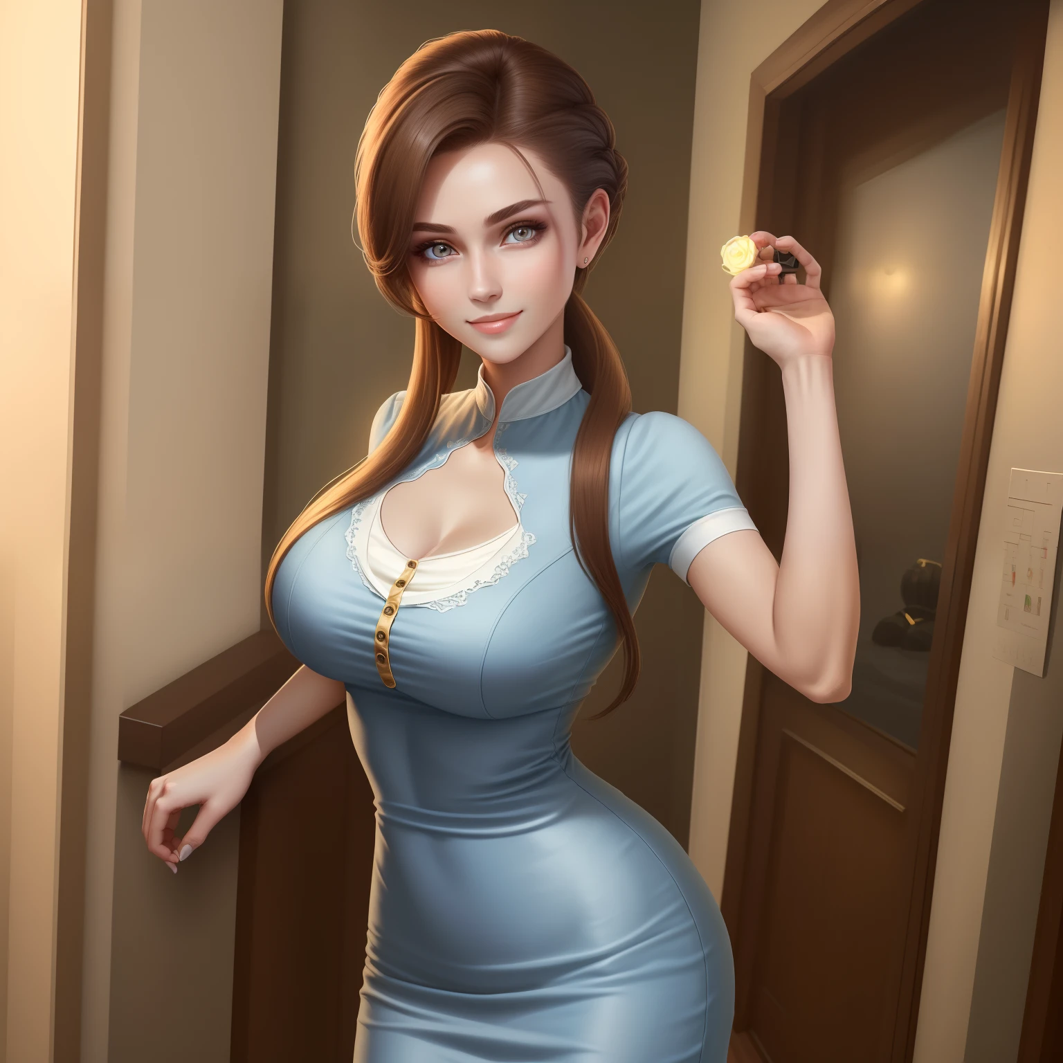 ((Best Quality, 8K, Masterpiece: 1.3)), 1girl, Slim Abs Beauty: 1.3, (Casual hairstyle, Big Breasts: 1.2), Dress: 1.1, Super fine face, Detailed eyes, Double eyelids, smile, Home, Focus