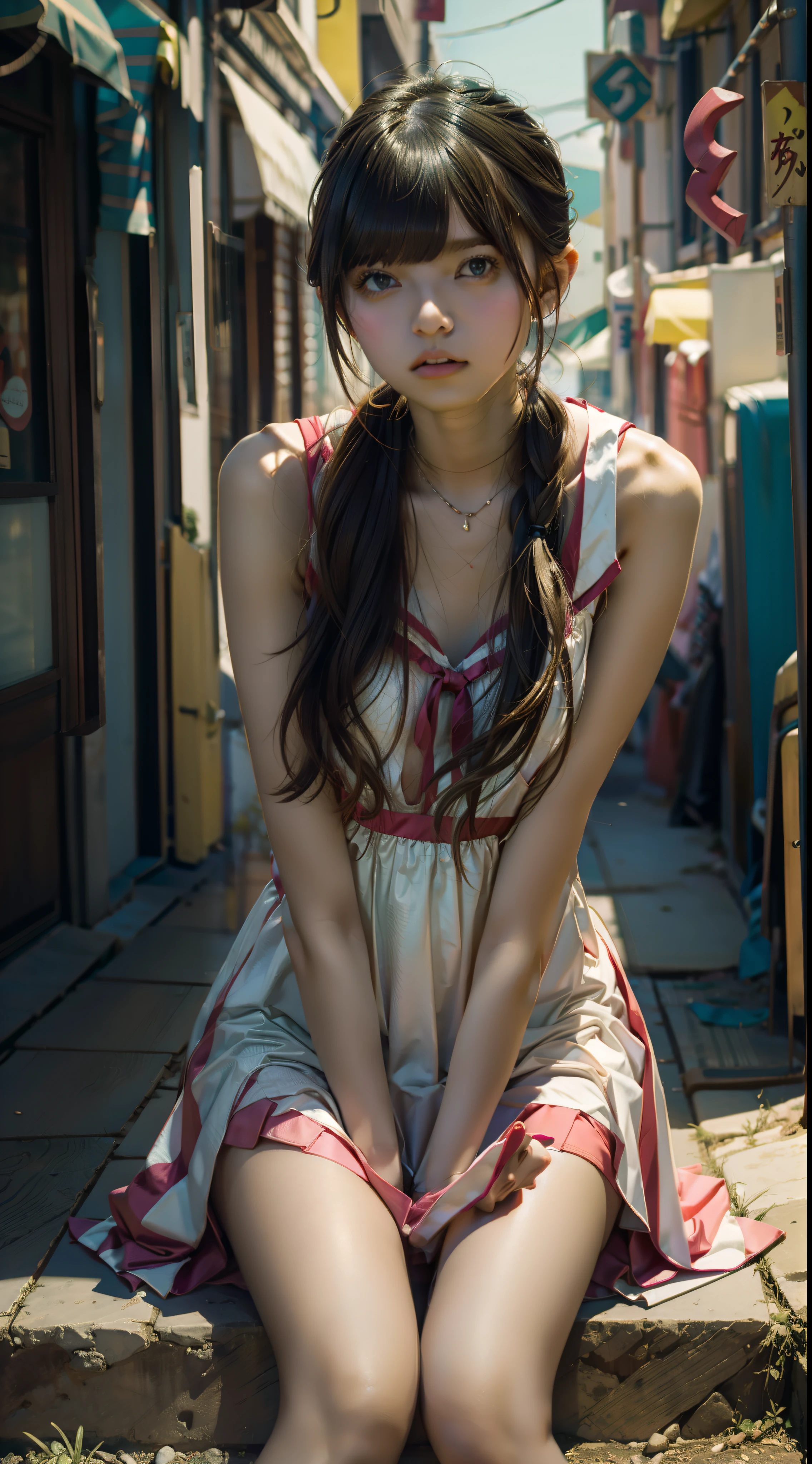 1 Garota de 18 anos loira vestido curto vermelho rasgado seios grandes cabelo curto cacheado, apavorada,em uma cidade a noite neon Sitting behind an 8K RAW wall