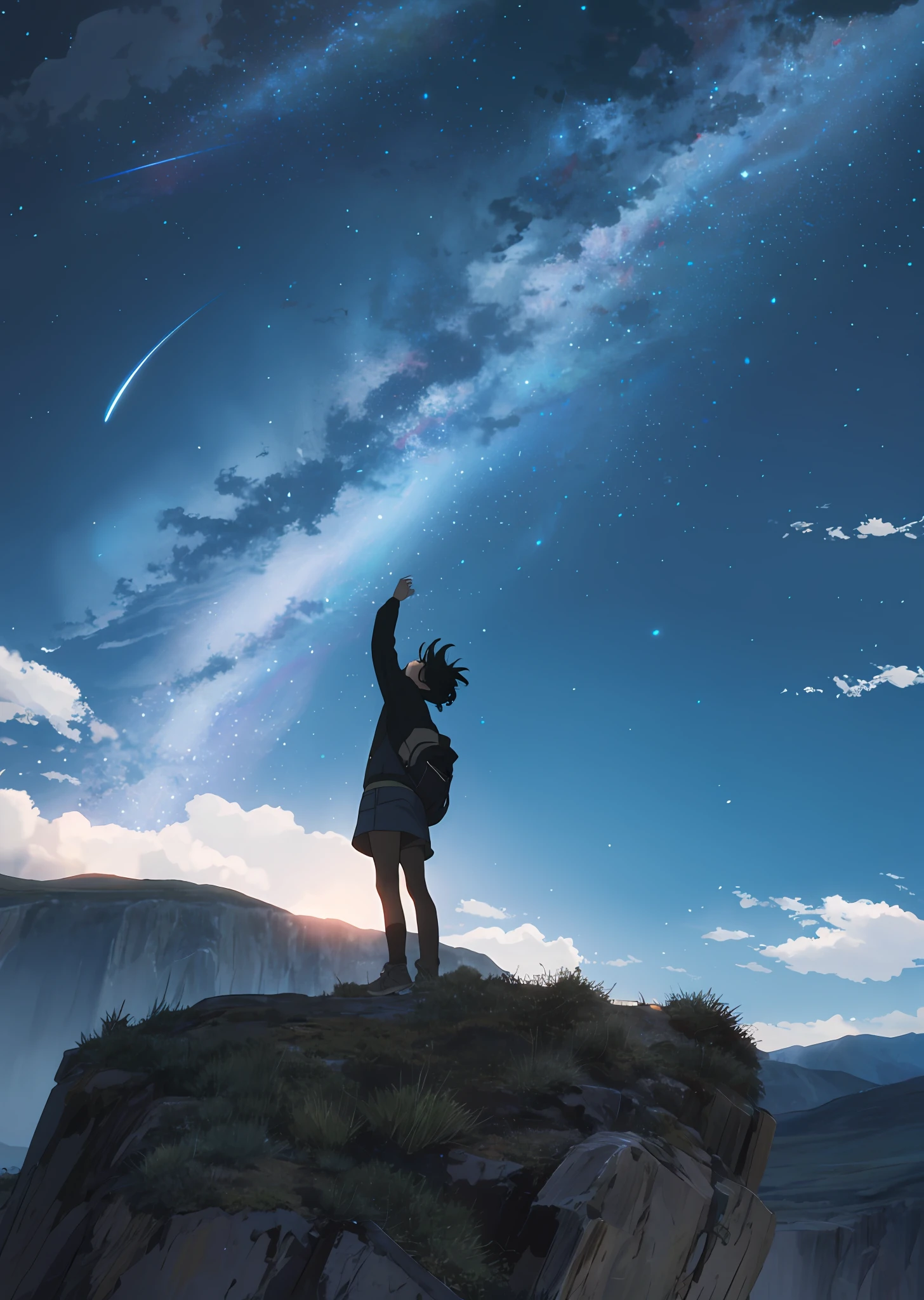 the night,In the vast land,A girl looks up at the stars,