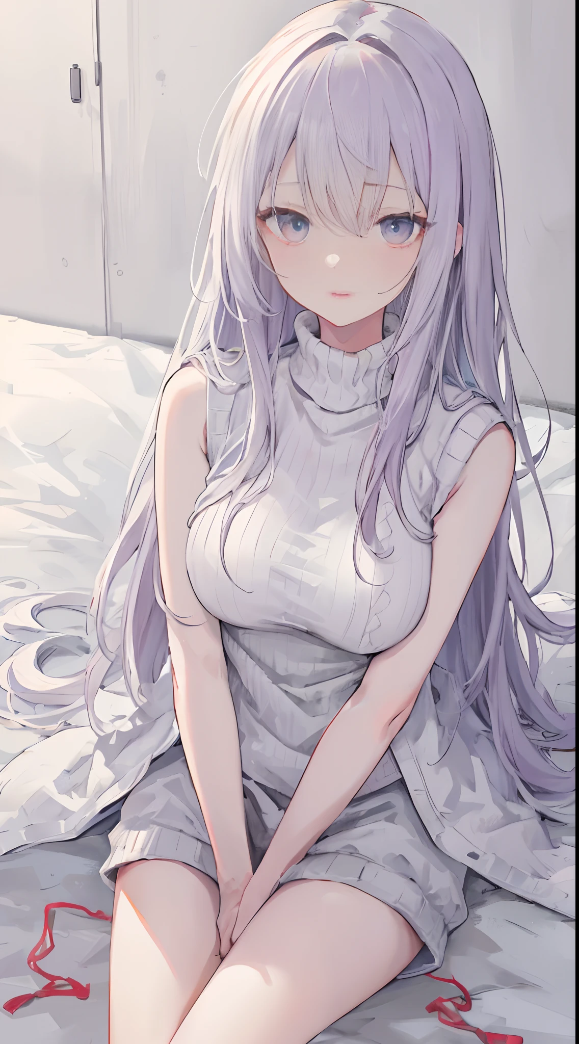 White powder sleeveless sweater,Long messy hair,The mouth opens wide,Bend over, Straighten the fair chest and abdomen, Powdered sleeveless sweater,Long messy hair,The mouth opens wide,stooped,Prop your hands on the bed,Bend the waist upwards,Raise your legs,Reduces milk leakage