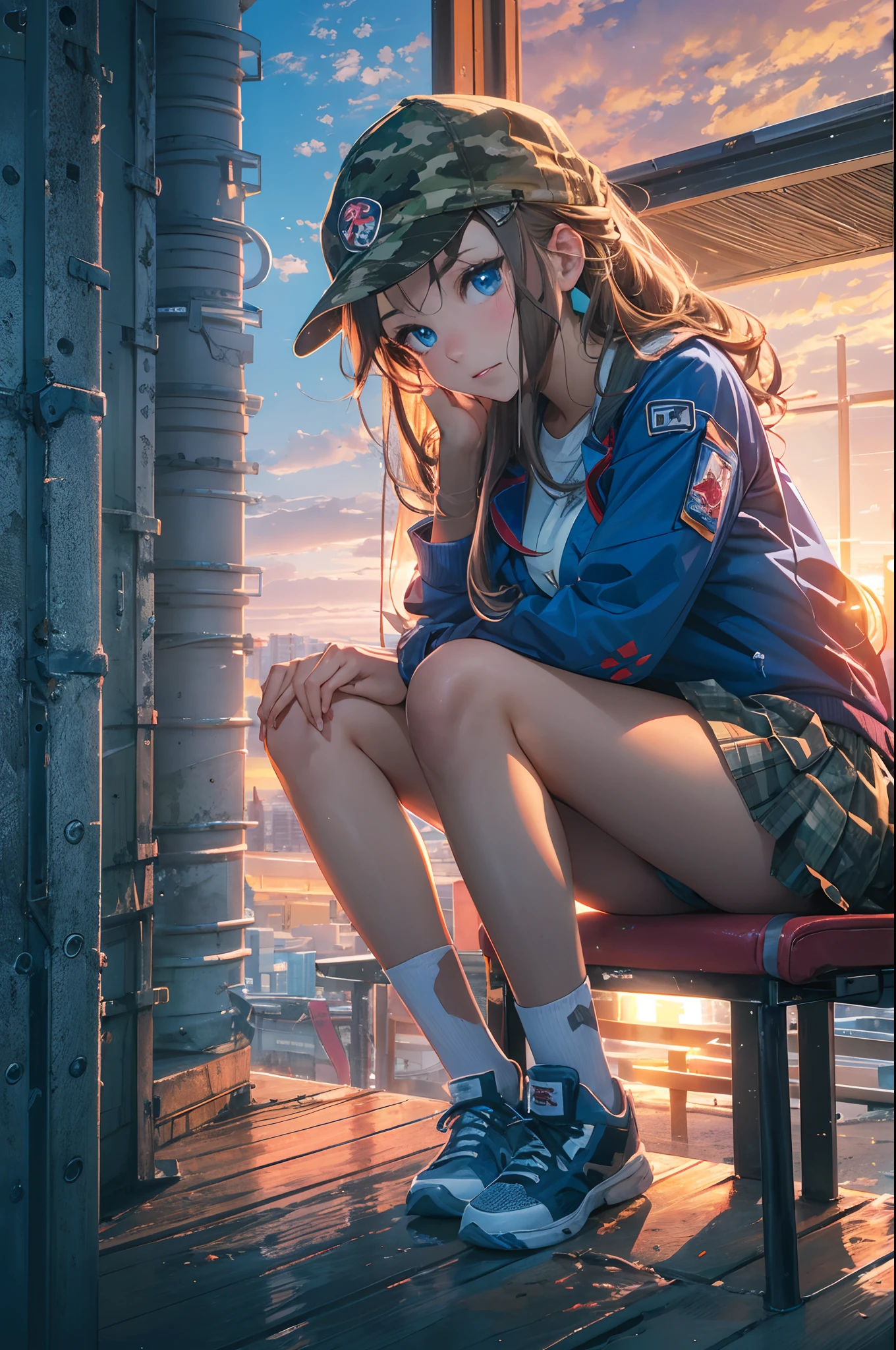 Beautiful sunset over the Tokyo, Camouflage Building, Sand waves, cyberpunked, neon light, Strong shading,masterpiece, best quality, highres, (photo realistic:1.4),1 girl, solo, medium breasts, portrait, (sitting), big blue eyes, school uniform, cute, young, very long hair, hair ornament, professional lighting, (18 years old),