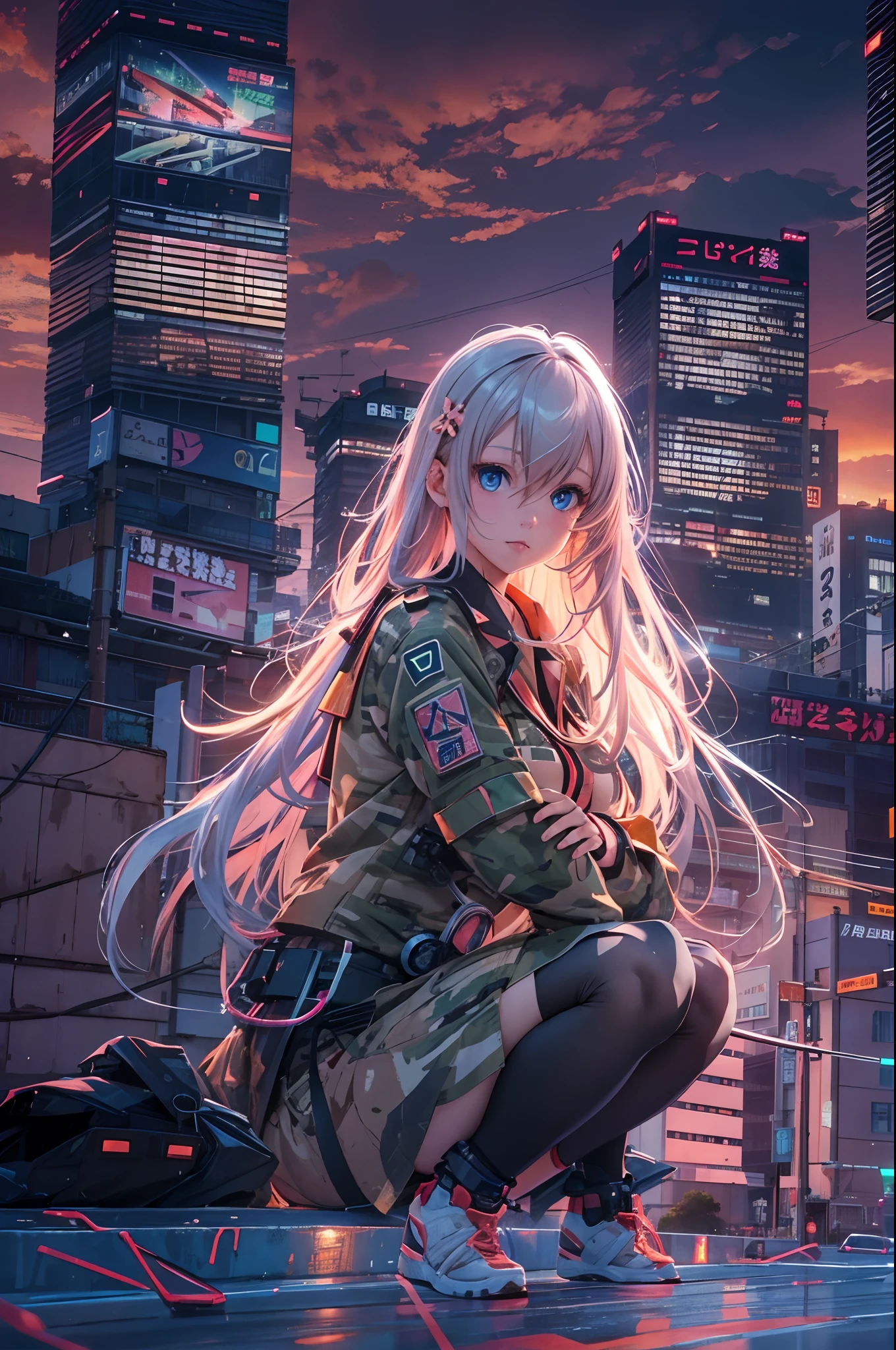 Beautiful sunset over the Tokyo, Camouflage Building, Sand waves, cyberpunked, neon light, Strong shading,masterpiece, best quality, highres, (photo realistic:1.4),1 girl, solo, medium breasts, portrait, (sitting), big blue eyes, school uniform, cute, young, very long hair, hair ornament, professional lighting, (18 years old),