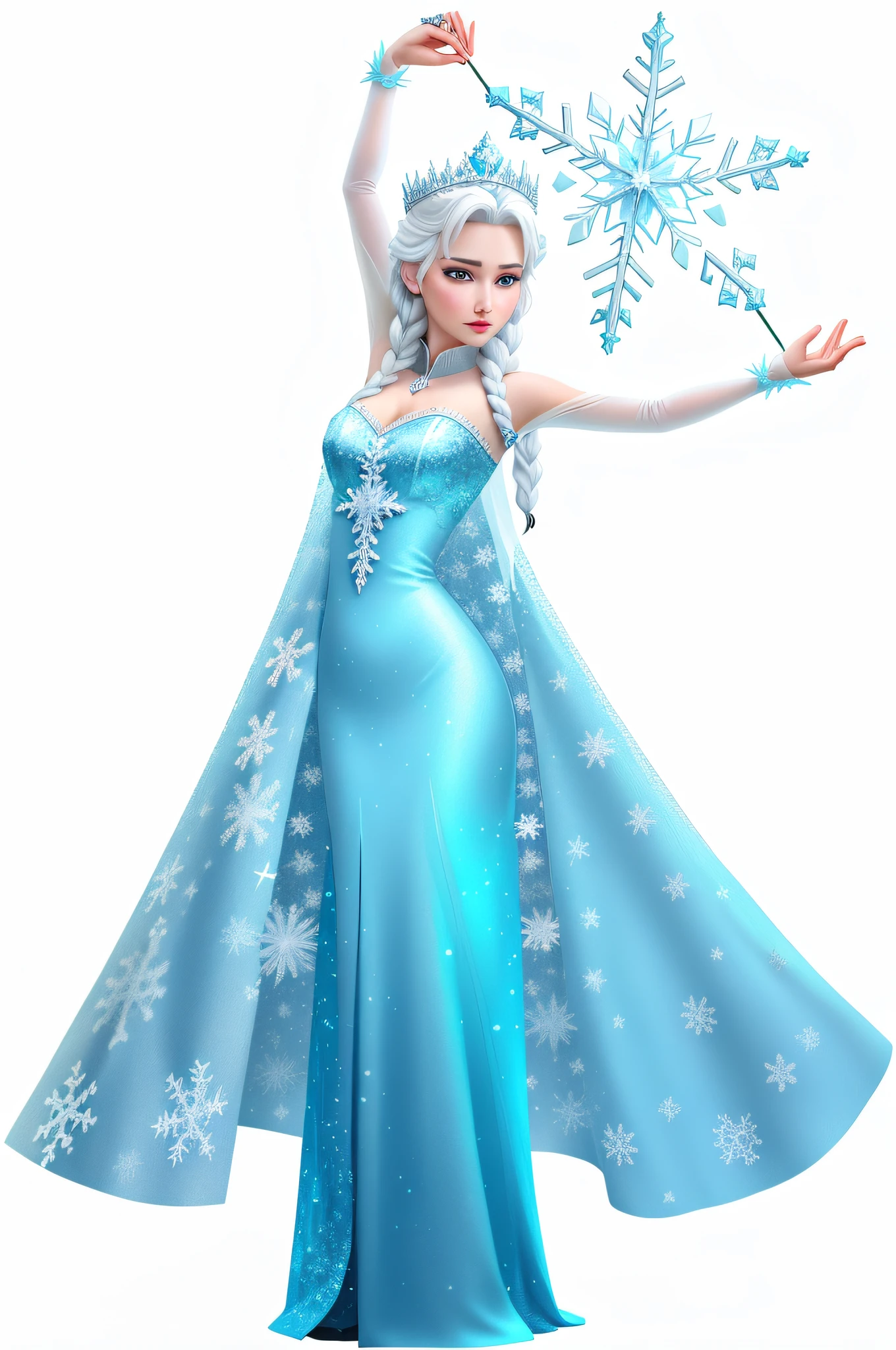 A woman in a blue dress holds a snowflake,Women are giving,Black hair,frozen like a statue, queen of ice, a blue dress, Frozen, She has pink skin!!!, queen of ice and storm, frozen klaus film