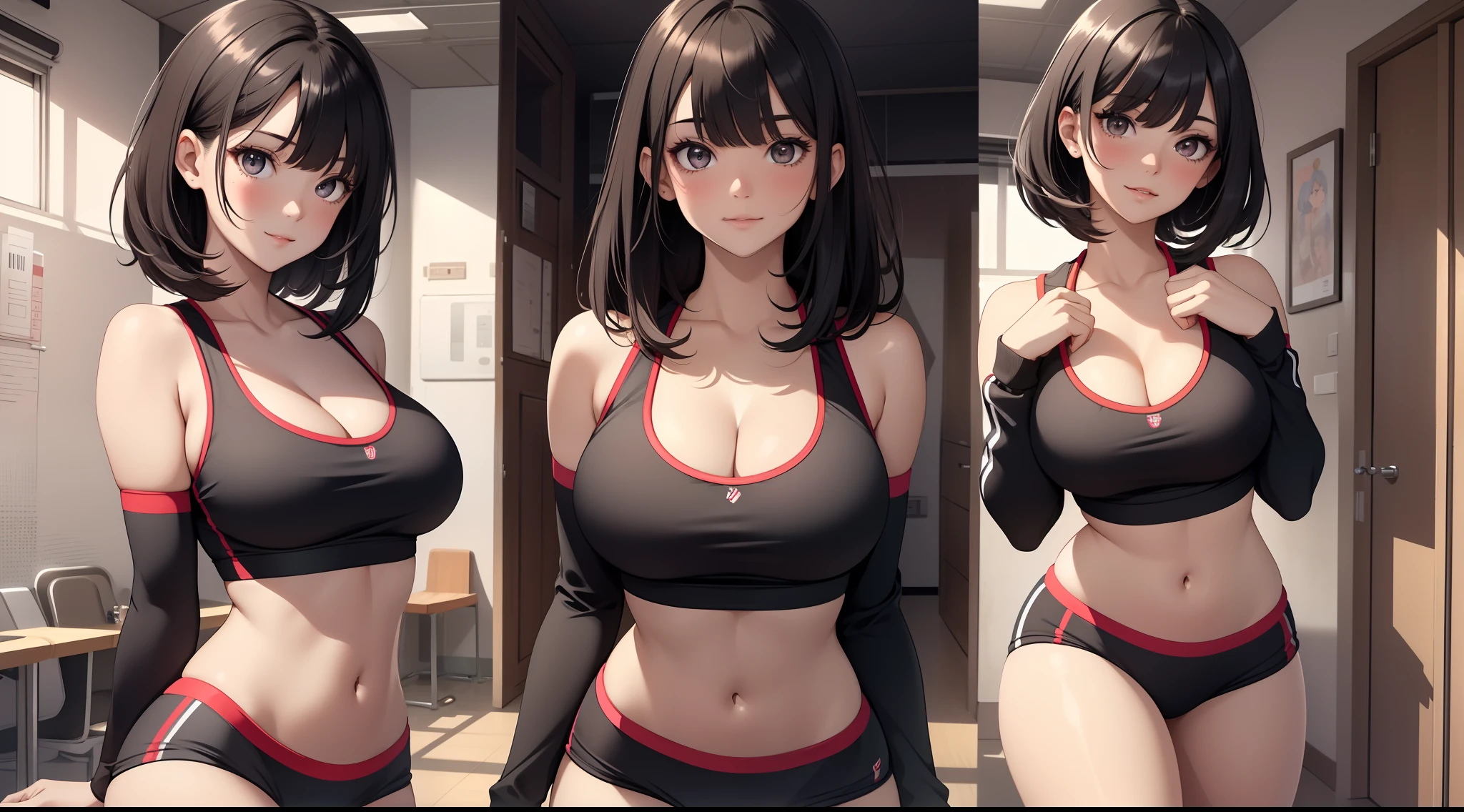 (Best quality:1.1), (Masterpiece:1.2), 5 girls,track suit,are standing,Highqualityshadow, Beautiful detailed, Beautiful face, Detailed eyes,Depth of field, A high resolution, Best shadow, Best illumination, Kizi, view the viewer, (Five-color hair:1.3),Brush cut,extra very short hair, Blunt bangs, Long hair, Black eyes, Shy, Large breasts, Miniskirt, Volleyball hall,inside in room,Exercise posture, Sunburn,Boo marker,cleavage,looks into camera,ssmile,closeup cleavage,Superskirt