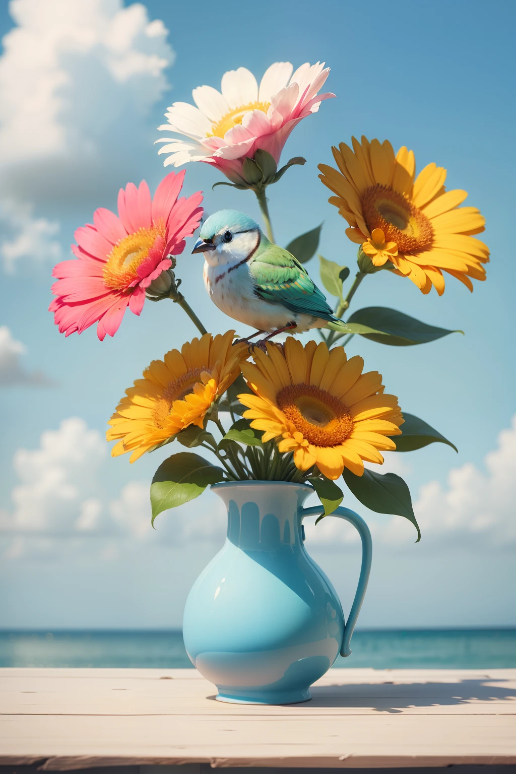 fresh flowers,The color is bright ,Beautiful,colorful,the sky background,Beautiful ceramic vase,Clean desktop,Cute little bird on flowers