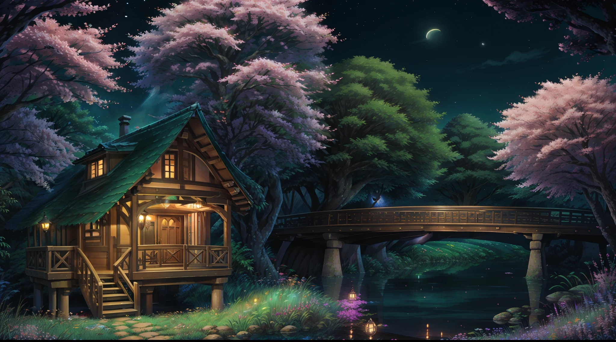 （When arriving on the planet Pandora，the night，Towering trees（tree house），Magnificent wooden bridge，Lush peach blossom trees，lawns，Extremely colorful，with dynamism、...... In this "arcadia"