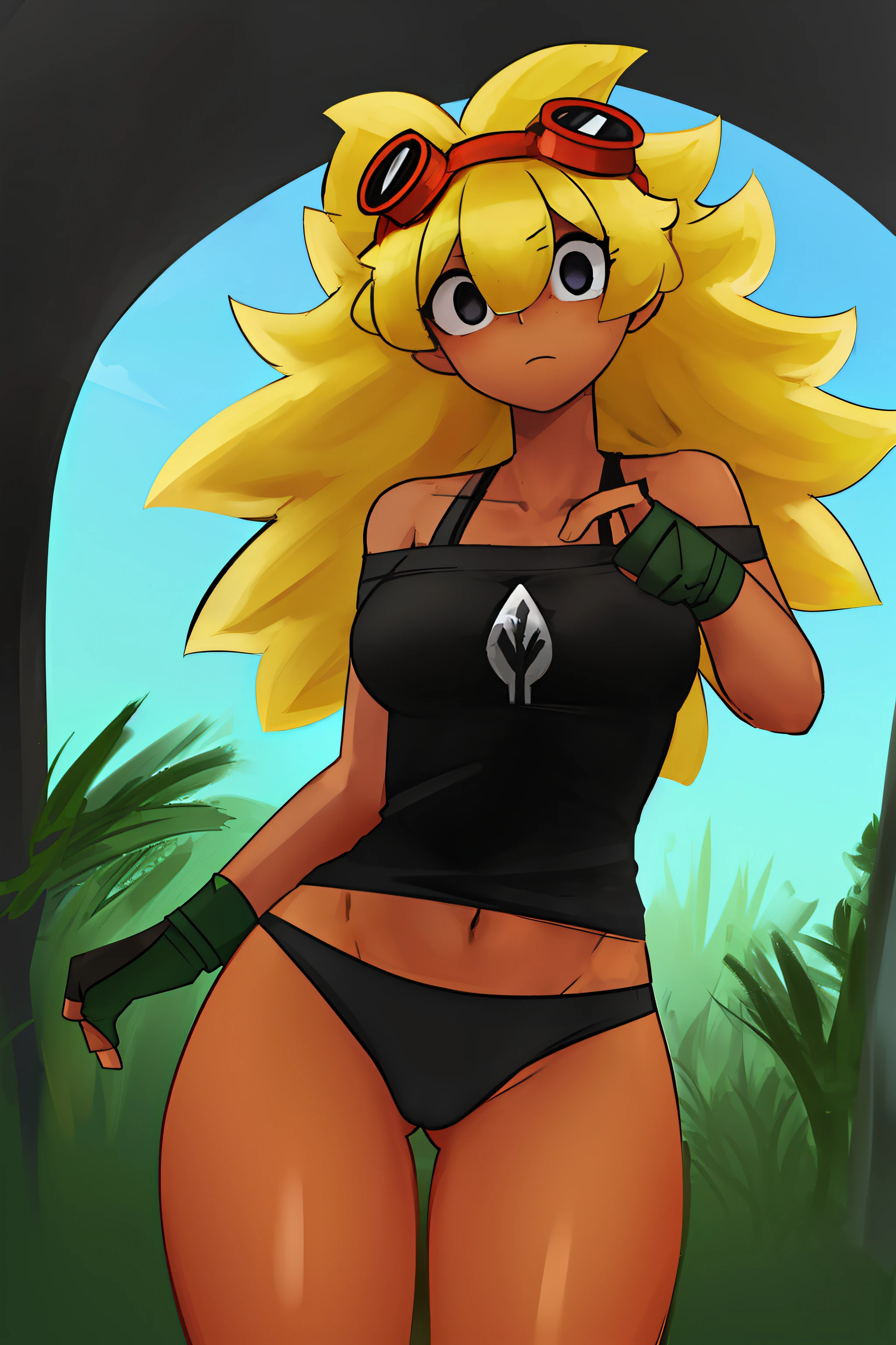 solar_flare_(plants_vs_zombies_heroes), masterpiece, best quality, 1girl, solo, sexy, goggles, blonde hair, goggles on head, breasts, underwear, freckles, dark skin, dark-skinned female, gloves, green underwear, medium breasts, spiked hair, clenched hands, black eyes, looking at viewer, abs, fingerless gloves, green gloves, bare shoulders, long hair, off shoulder, black shirt outdoors