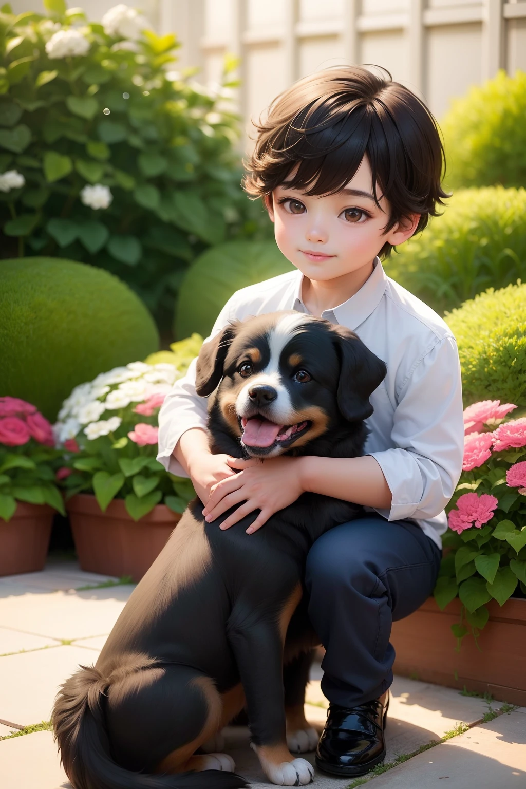Boy and dog playing in the garden、Dogs are bigger than humans:1.5,Adult dogs:1.5(Bernese Mountain Dog、The large、Adult dogs)、Male child(5years old、Infant body type、A dark-haired、short-cut、A smile full of eyes)
