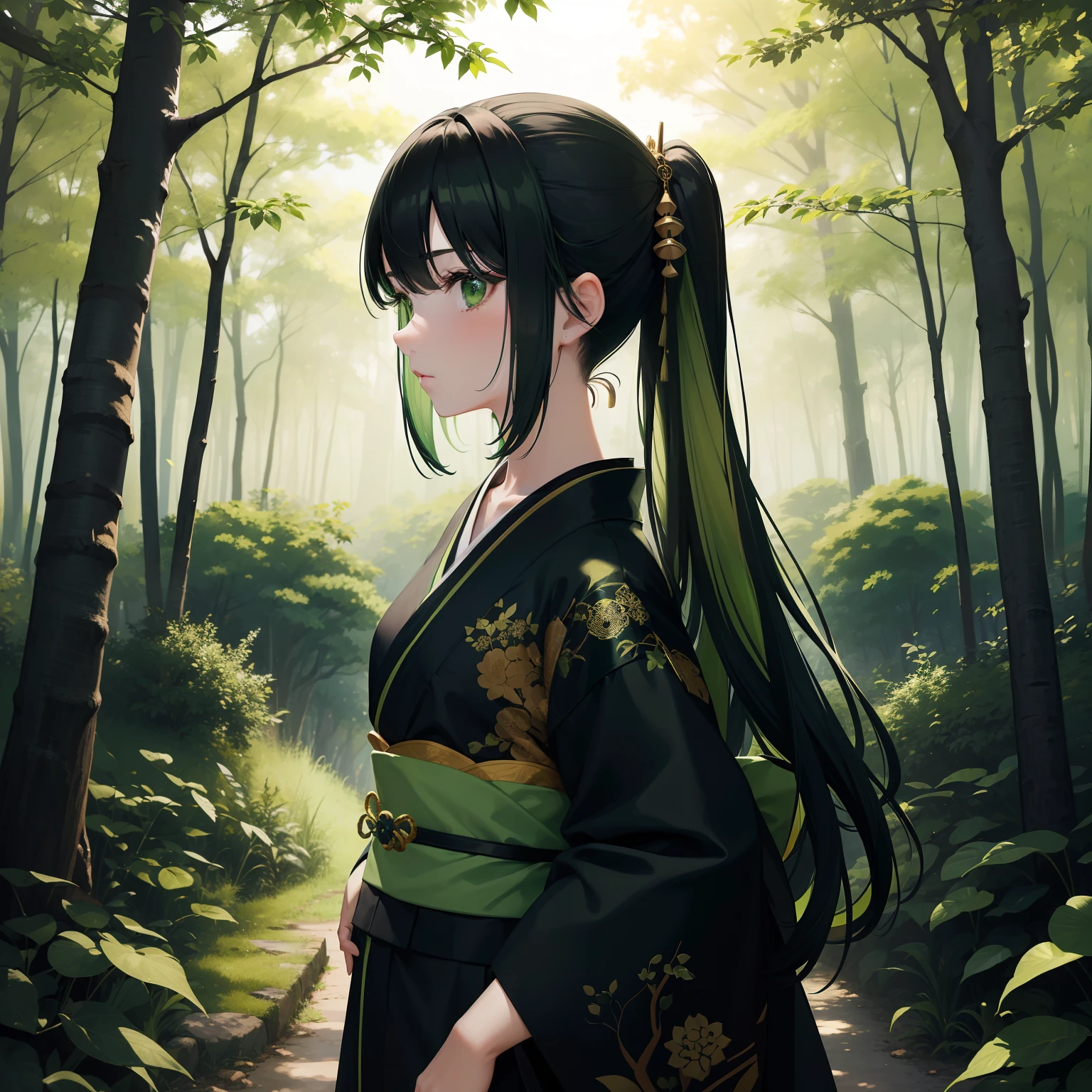 (Beautifully Aesthetic:1.2)、(1girl in:1.3)、(Black and green colorful hair:1.2)、colorful forest、Sunshine、in woods、Wearing a colorful kimono of green and black、Sai locust tree、grand、mystical、
