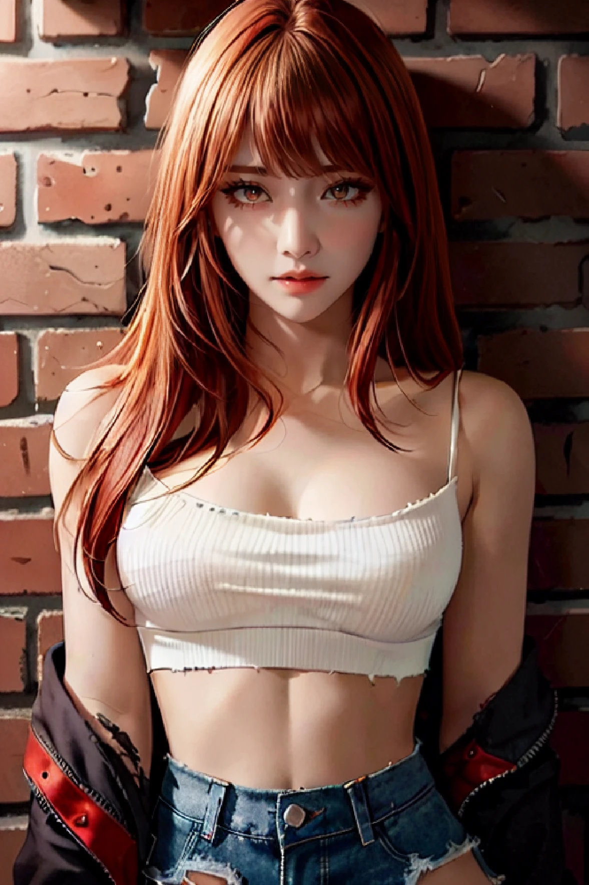 best quality, upper body,intricate details, chromatic aberration,1girl,bangs, long hair, red orange hair, layered hair, cinematic lighting, gothic makeup, red eyes,sharp eyes,croptop, torn jeans legwear,white shirt, open white shirt,against wall, brick wall, graffiti, dim lighting, alley