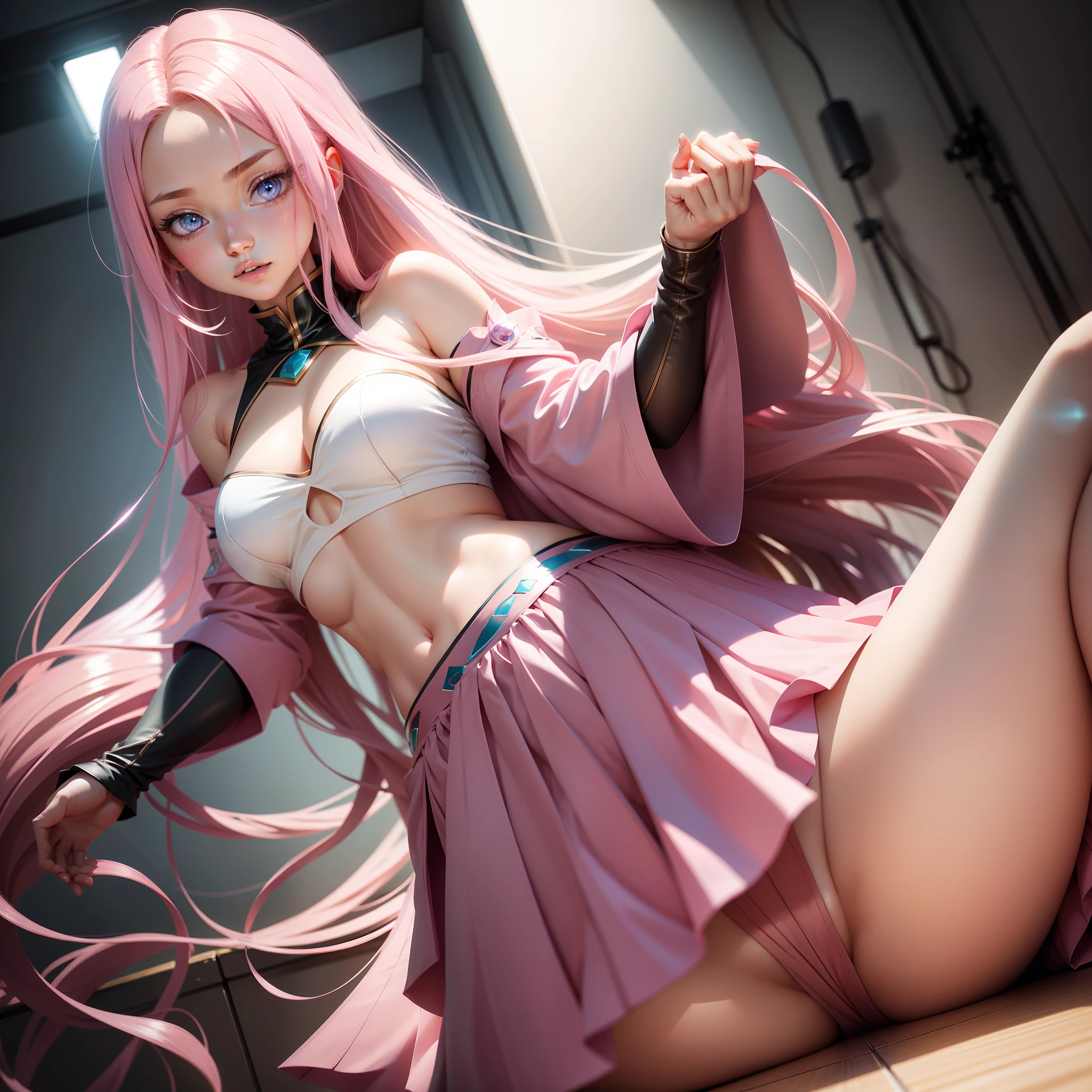 Pink gradient long hair Sky blue eyes Smooth skin Looking at the audience Legs spread Anime women Dynamic glow Living room shy Hip skirt Dull hair