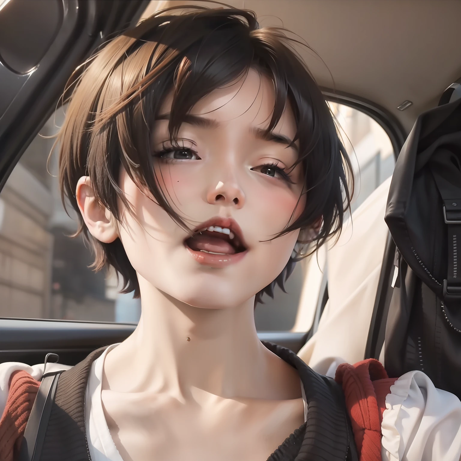 A close up of a person in a car with a backpack - SeaArt AI
