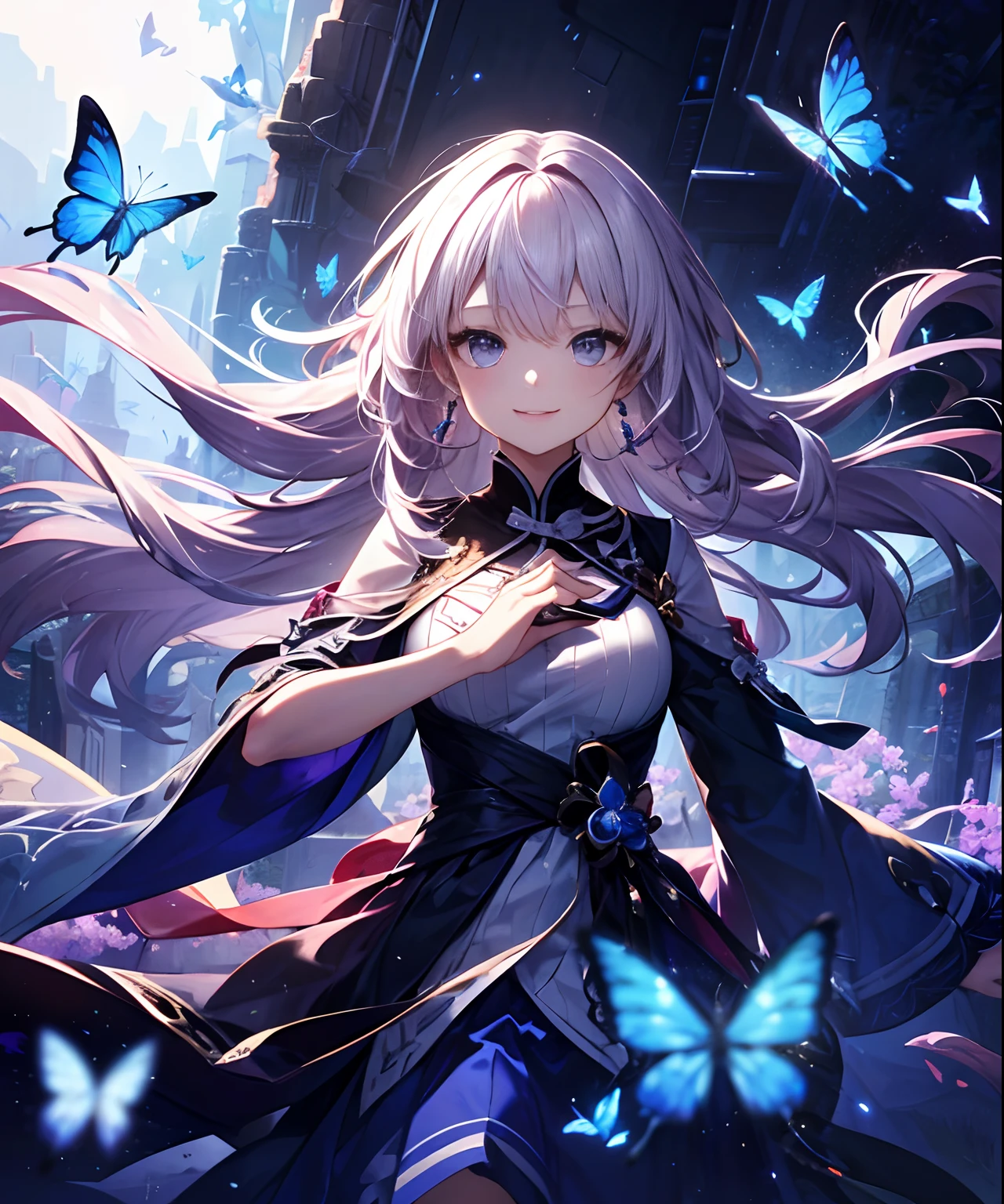 (masterpiece、top-quality)、frontage、独奏、1girl in、A smile、The long-haired、Light purple hair、Hair is disheveled、Adult、Mystical、strong breeze、Butterflies flutter by、has wings、In nature、hands not visible