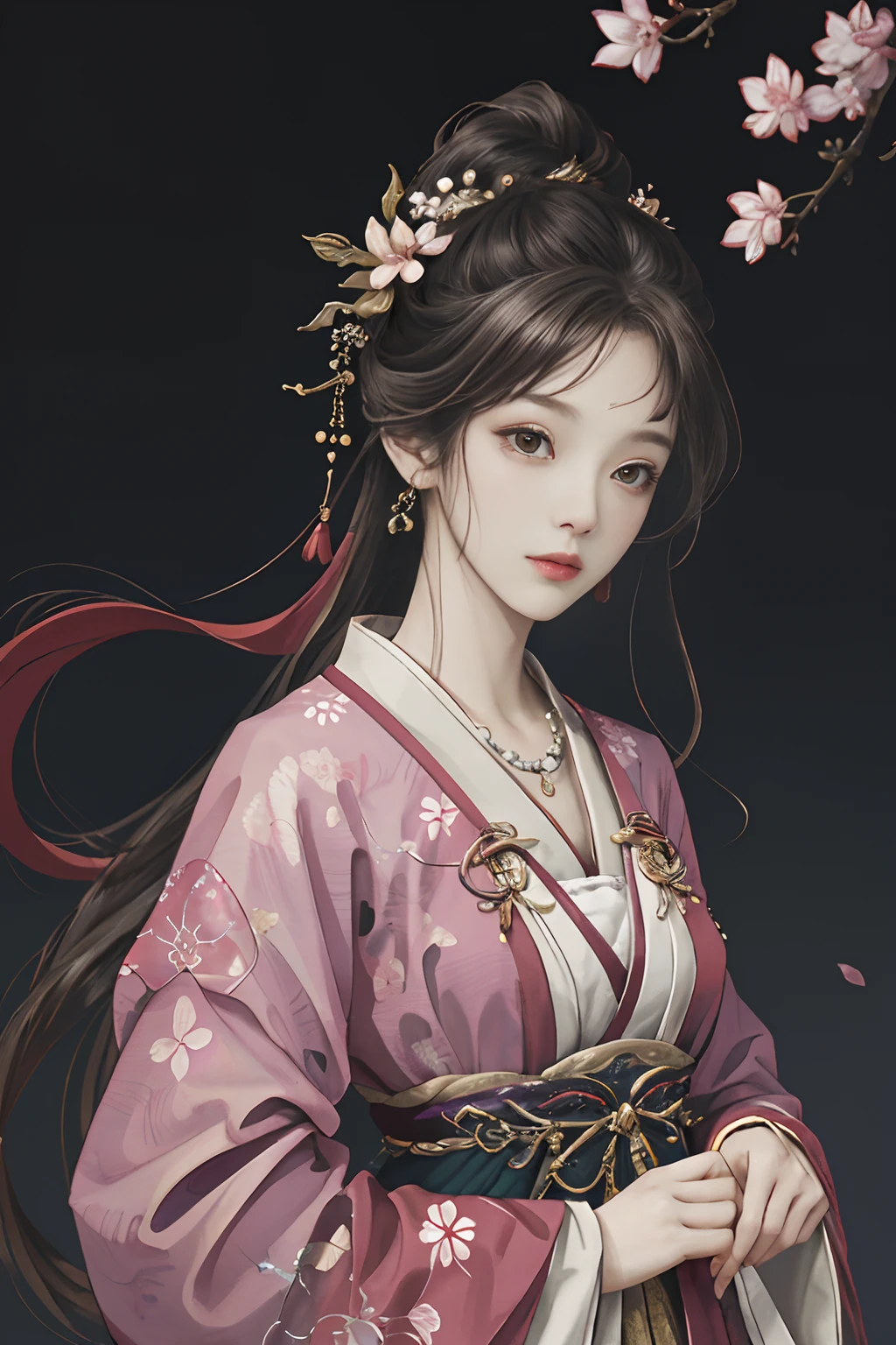 Original，（illustratio：1.1），（best qualtiy），（tmasterpiece：1.1），（the Extremely Detailed CG Unity 8K Wallpapers），（a color：1.2），1 Plum Blossom God，goddes，Bust，ancient costume，best qualtiy，Extremely detailed jewelry，Plum petals，scenecy，rios|Wagas，