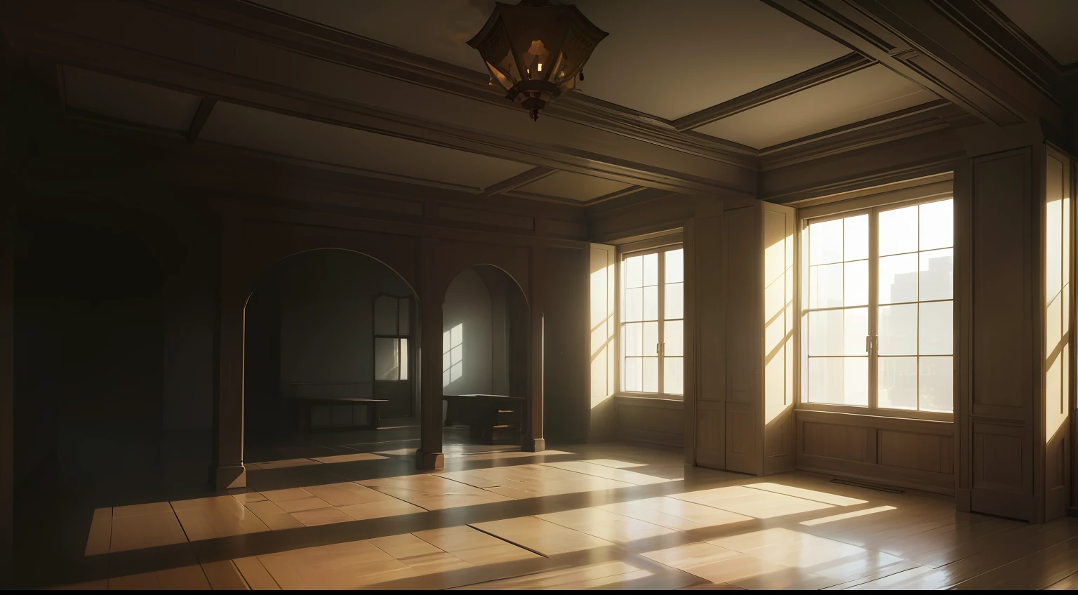 "Generate an image of a room with sunlight coming in through a window, Illuminate the space. In a corner of the room, There are paint tables and chairs. sinon、The room is empty, Create a mysterious and atmospheric atmosphere. This is a Western-style room."