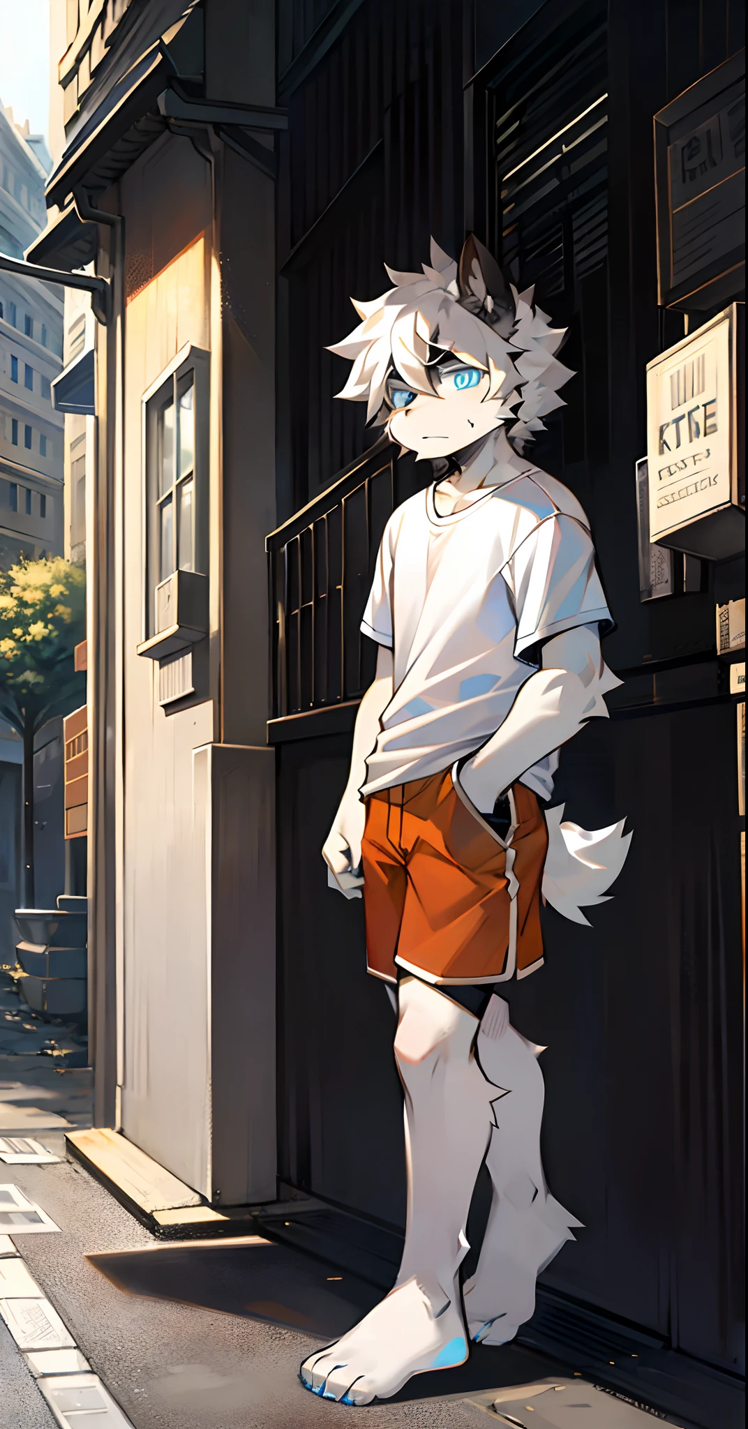 shaggy male,Black and white hair,a blue glaring eyes,On the street,Wear white short sleeves and orange shorts