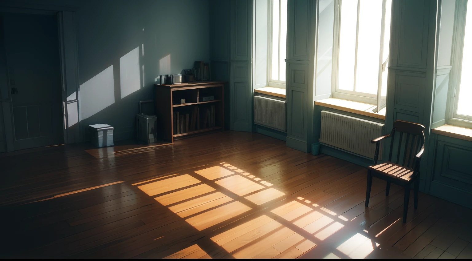 "Generate an image of a room with sunlight coming in through a window, Illuminate the space. In a corner of the room, There are paint tables and chairs. sinon、The room is empty, Create a mysterious and atmospheric atmosphere. This is a Western-style room."