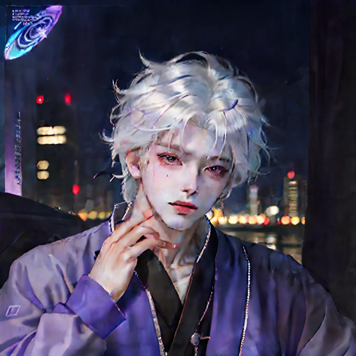 Anime boy with white hair and purple eyes pointing to his index finger, Best anime 4k konachan wallpaper, white haired Cangcang, a silver haired mad, 2 d anime style, trigger anime artstyle, White-haired god, killua zoldyck black hair, White-haired, kaneki ken, with index finger, pin on anime, male anime character