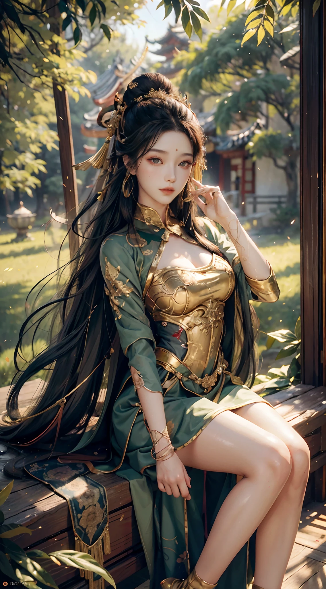 （（best qualtiy，tmasterpiece，ultra - detailed）），1girll，（Solo exhibition），（Wearing gold armor），realisticlying，1girll，putting makeup on，ChineseGirl，lips parted，Be red in the face，Light smile，east asian architecture，suns，rays of sunshine，inverted image，hair adornments，（Detailed face），（full bodyesbian），（ink and watercolor painting），（illustratio），（Detailed light），（cinematric light），（is very beautiful），Ink staining，colorful drawing，（aquarelle）， （ssmile），cute  face，beautidful eyes，（Black hair），long whitr hair，Ultra-fine hair，Floating hair，Flowing willow leaves，（Foliage），（（rhythm）），fanciful，（Color ink），Ink background，