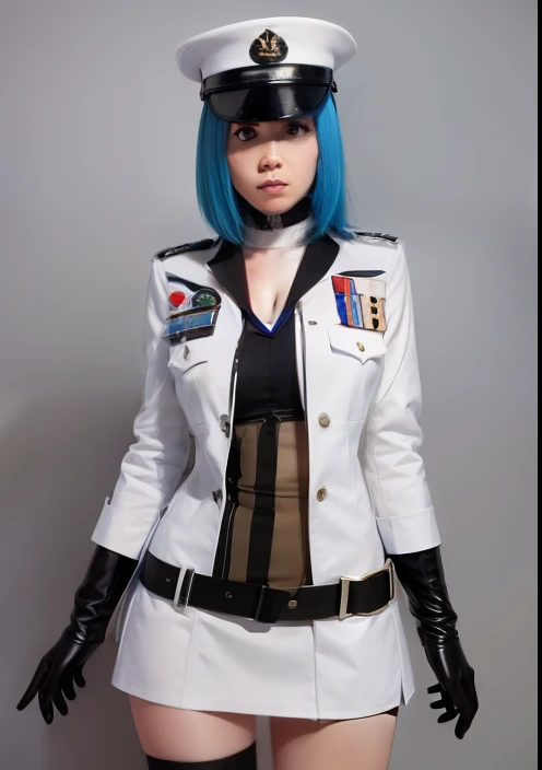 Blue-haired girl in white military uniform，