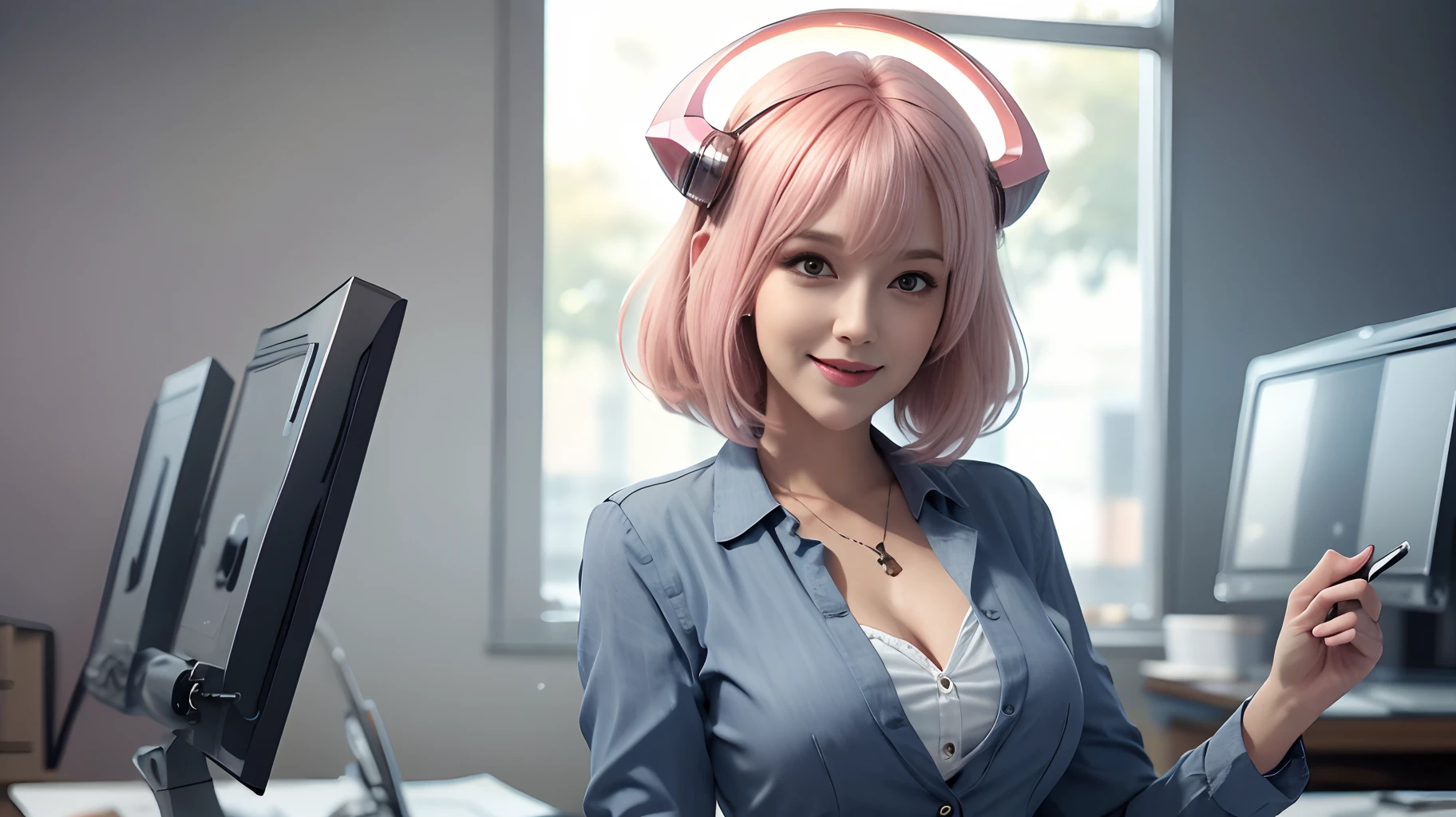 ((masterpiece, best quality)), (1girl),((mature female)), lightpink hair, halo, horn, ((office lady )),bangs,middle breast,(busty),slim,smile, [wide hips],office,standing, aru \(blue archive\),