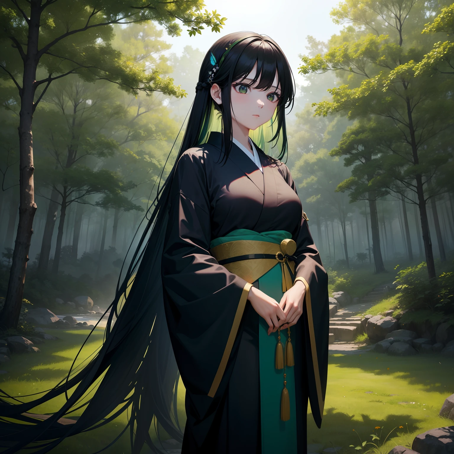 Beautiful and aesthetic forest、In the gentle sunshine、One girl standing。Her hair is in colorful shades of black and green、She wears a colorful kimono of jade and black to reflect this.。A magnificent locust tree rises behind it、She and her scenery give off a mysterious atmosphere。