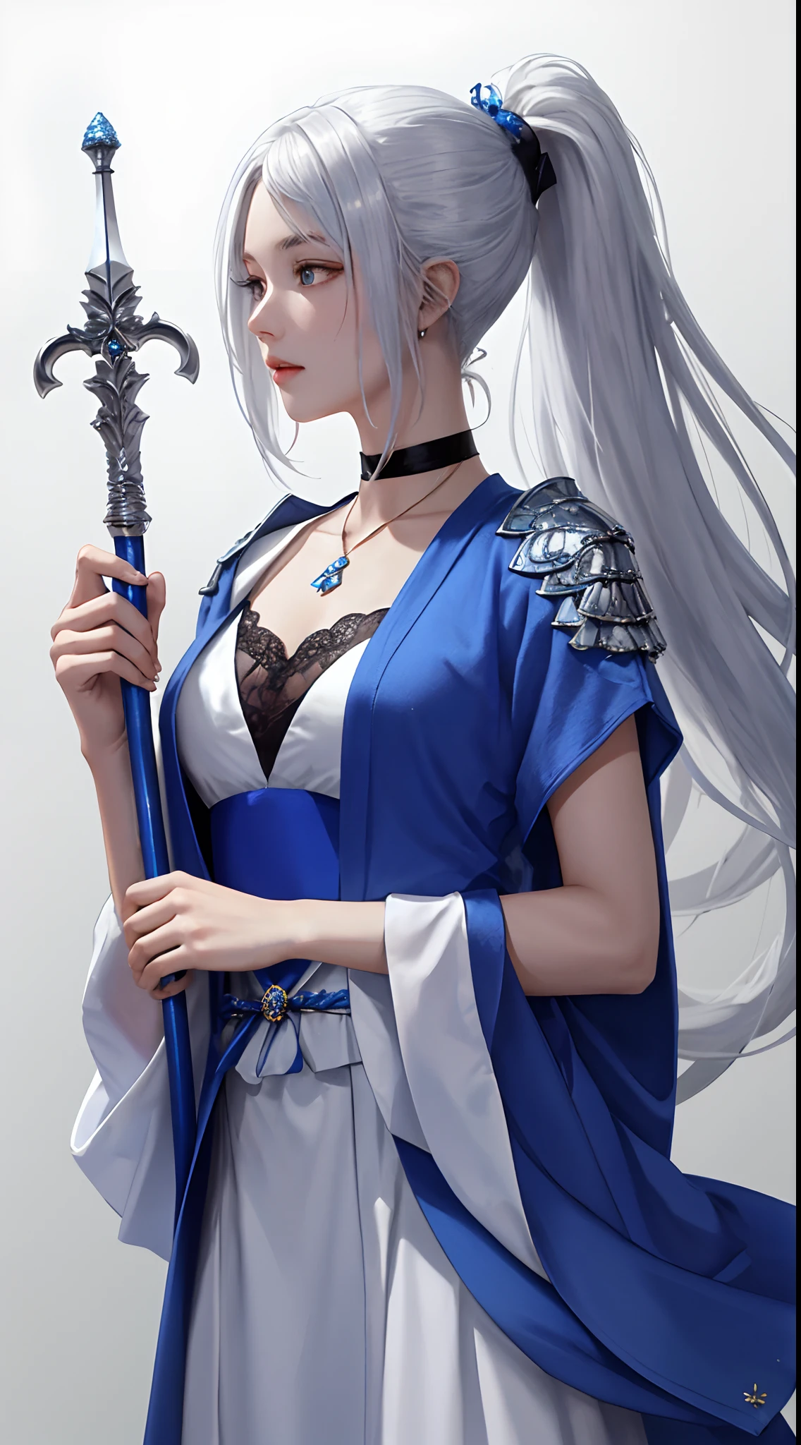 Kizi,High school, etc,Has silvery-white hair,Hairstyle single ponytail,Good body shape,Holding a blue spear,The eyes are silver,Dressed in blue,A calm look,