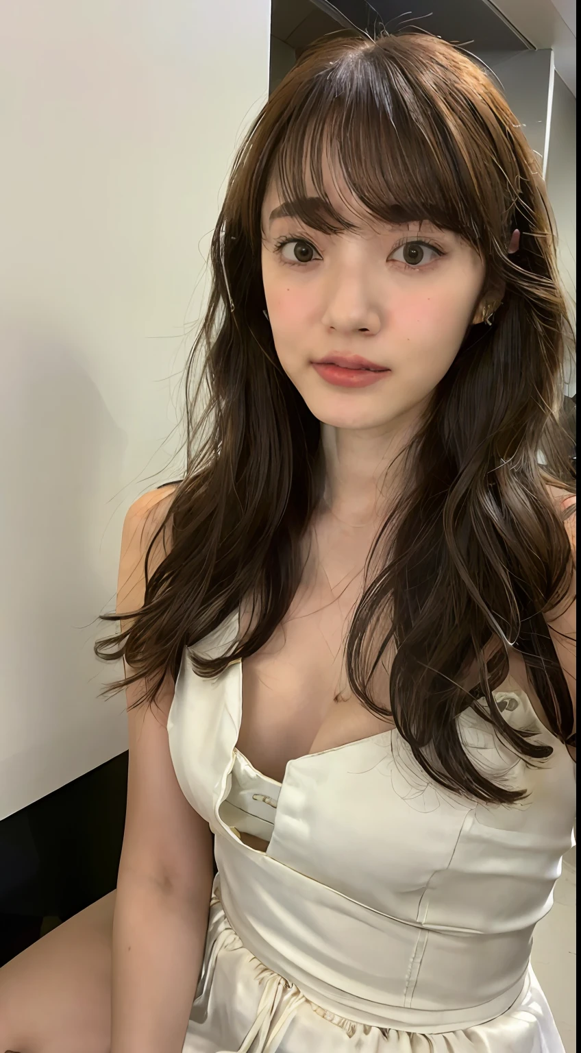 ((Best Picture Quality, 8k, tmasterpiece:1.3)), sharp:1.2, perfect figure beautiful woman:1.4, Slim abs:1.2, ((Layered Hair Style, huge tit:1.2)), (Bandeau dress white:1.1),the city street:1.2,Highly detailed facial and skin texture,A detailed eye,二重まぶた,Brown hair long,The dress is thin,Hands behind you,Squat,Completely expose your private parts,revealing breasts。