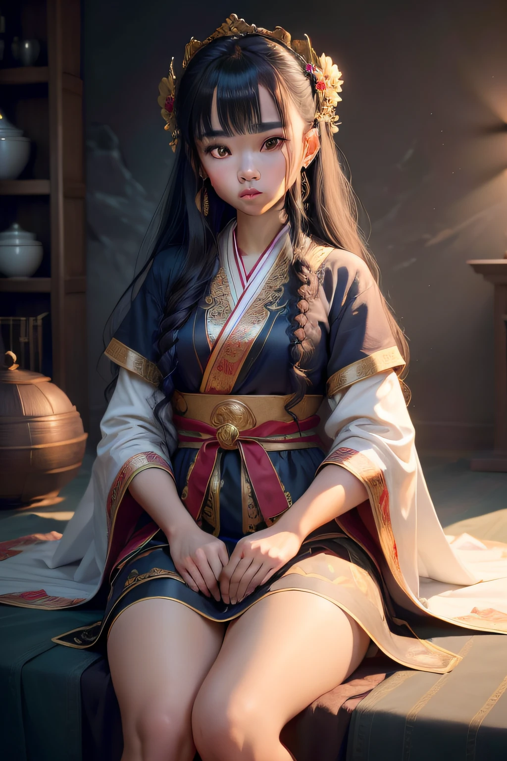 ((top-quality、8K、tmasterpiece:1.3))、Photorealsitic, foco nítido, high-level image quality, A high resolution, Portrait, Solo, Mongolian robes, Beautuful Women, ar old, slenderness, There are tear tracks in the corners of the eyes, Fluttering skirt,In the steppe