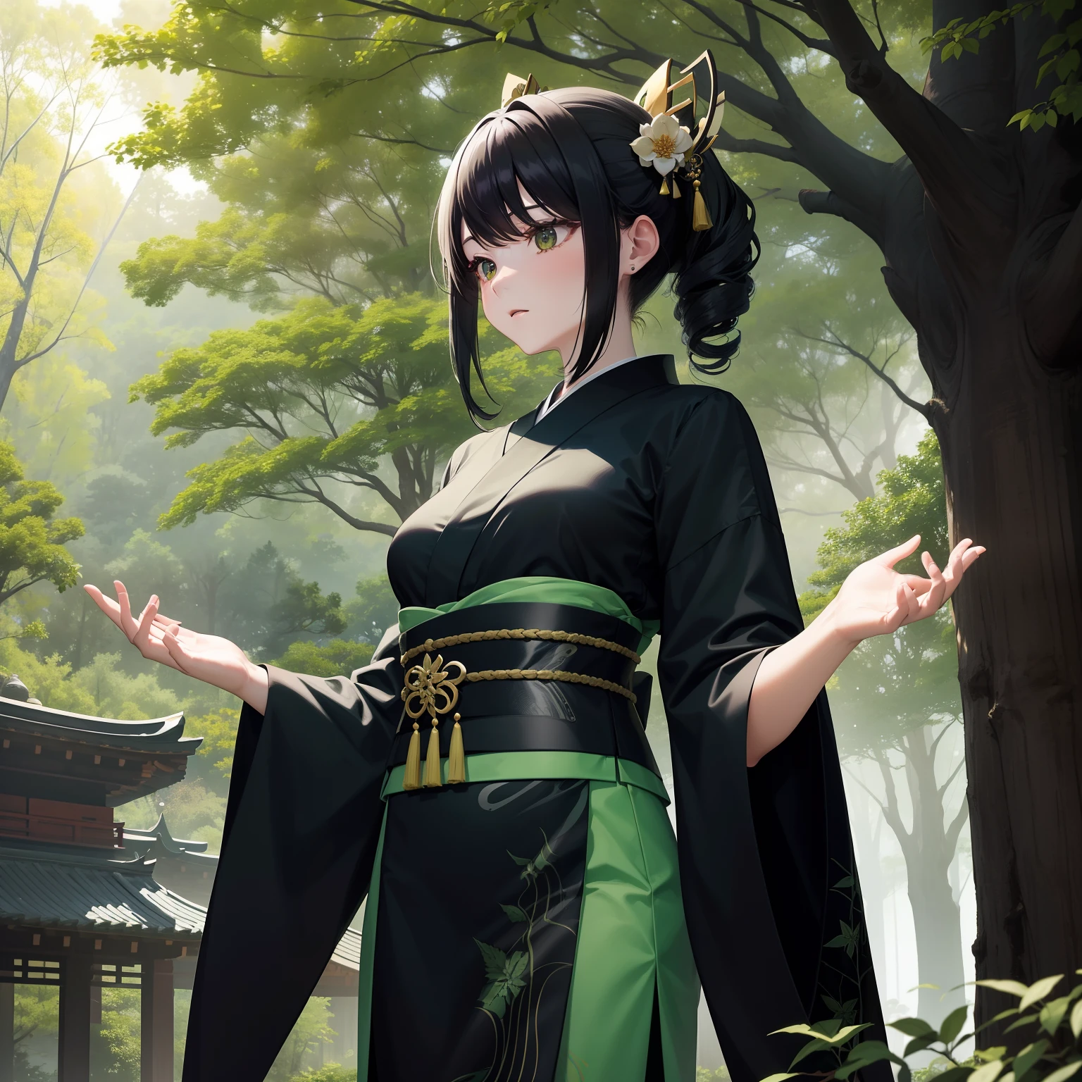 Beautiful and aesthetic forest、In the gentle sunshine、One girl standing。Her hair is in colorful shades of black and green、She wears a colorful kimono of jade and black to reflect this.。A magnificent locust tree rises behind it、She and her scenery give off a mysterious atmosphere。