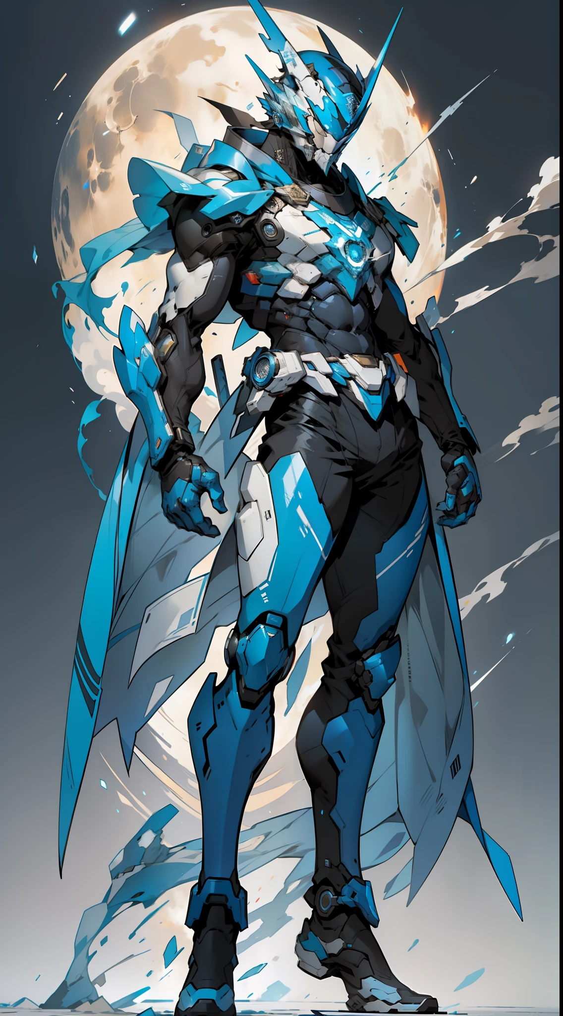 Blue and white Kamen Rider,whole body display,sci-fy,standing on your feet,floating in air,Fire magic background,perfect bodies,the night
