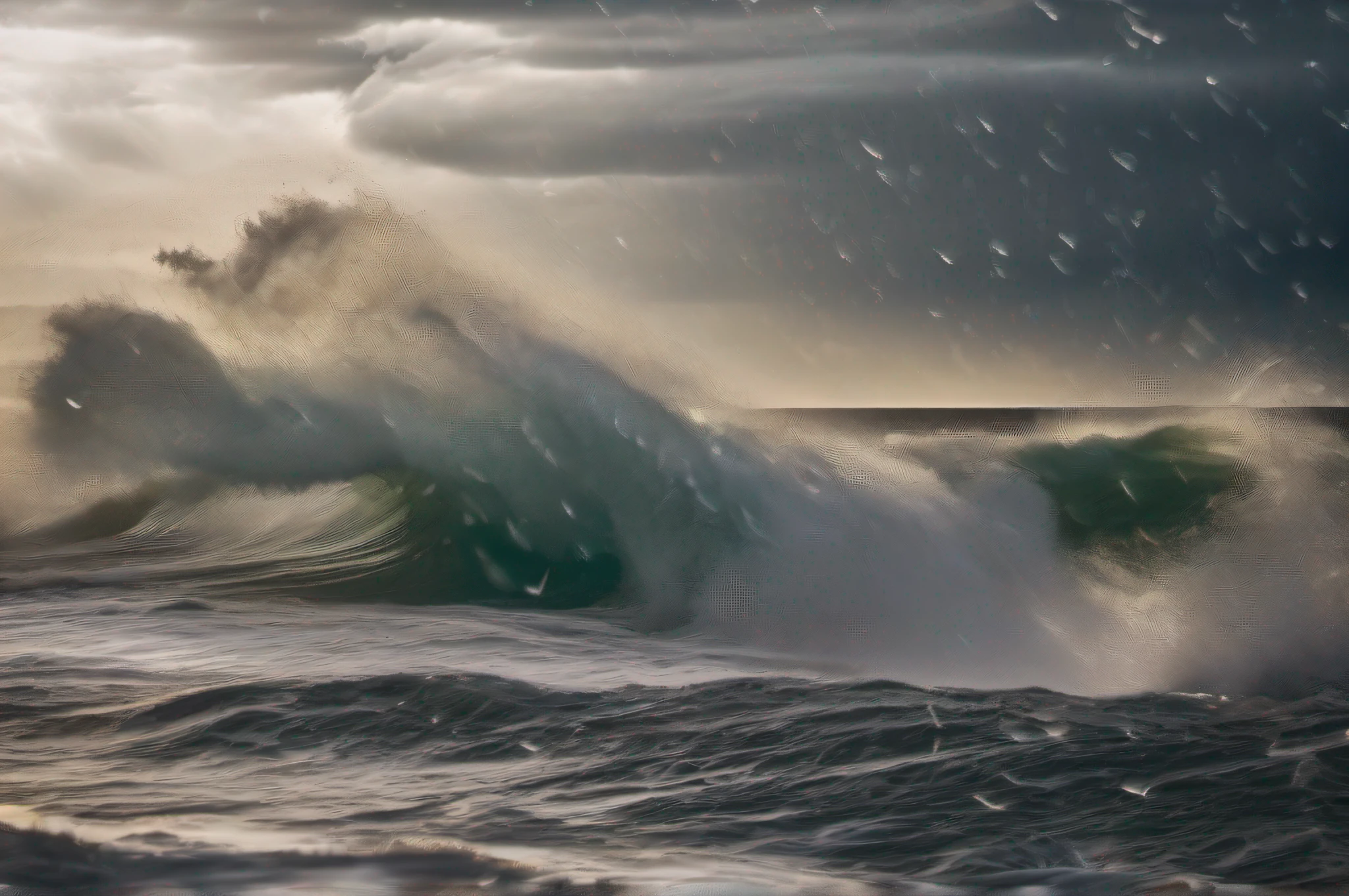 a maritime scene where we can see that (it is raining hail:1.4), in the sea there are (big waves:1.4), weather of (hailstorm:1.4), which falls into the sea, where big waves are formed", details Intricate, Best Artwork, Award Winning Photography, Raw Photography, Cinematic Style.