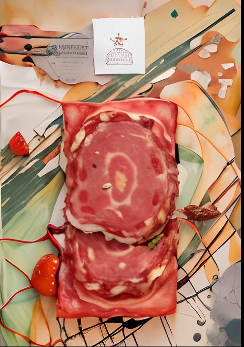 There is a sausage on a piece of paper, salami, Inspired by Vitor Capaccio, author:David Susselli, Saturn throws, inspired by Davide Sasselli, meat and lichens, Inspired by Catalina Talabotti, Inspired by Gaetano Sabatini, Inspired by Melozzo Duffley