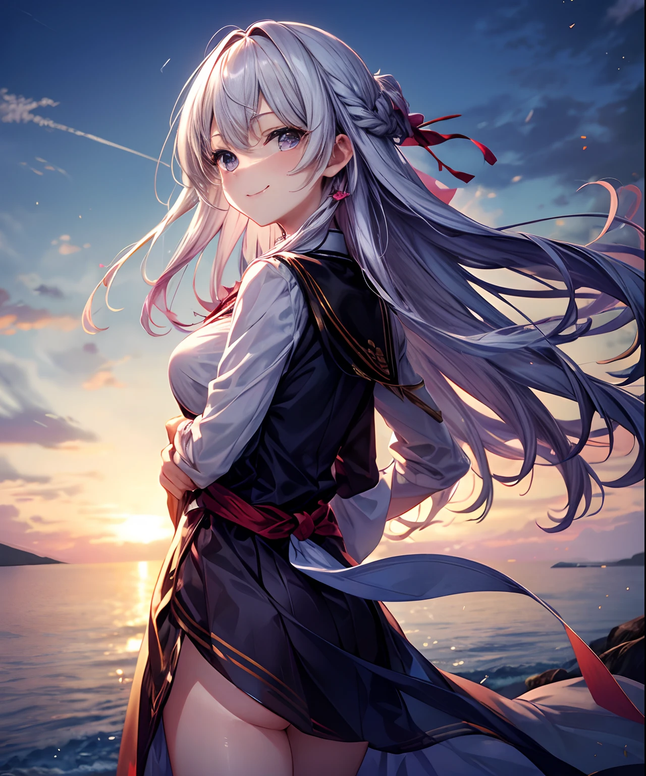 (​masterpiece、top-quality)、frontage、独奏、1girl in、Hands folded behind your back、A smile、The long-haired、Light purple hair、Hair flutters in the wind、with light glowing、Windy、Adult、NSFW