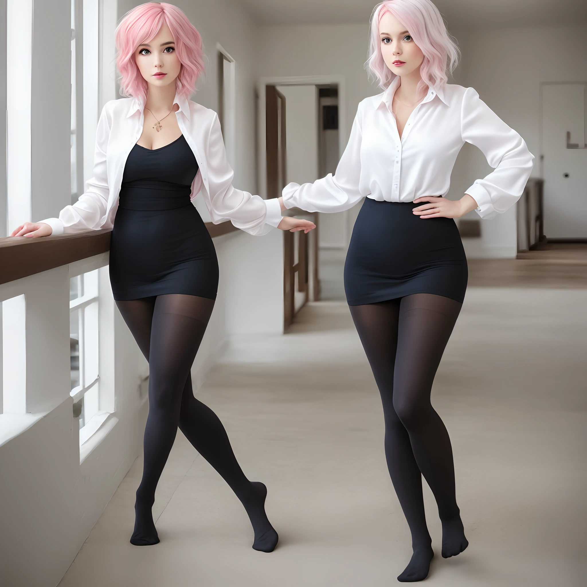 White silk beauty, pink hair, tights, no shoes, big breasts