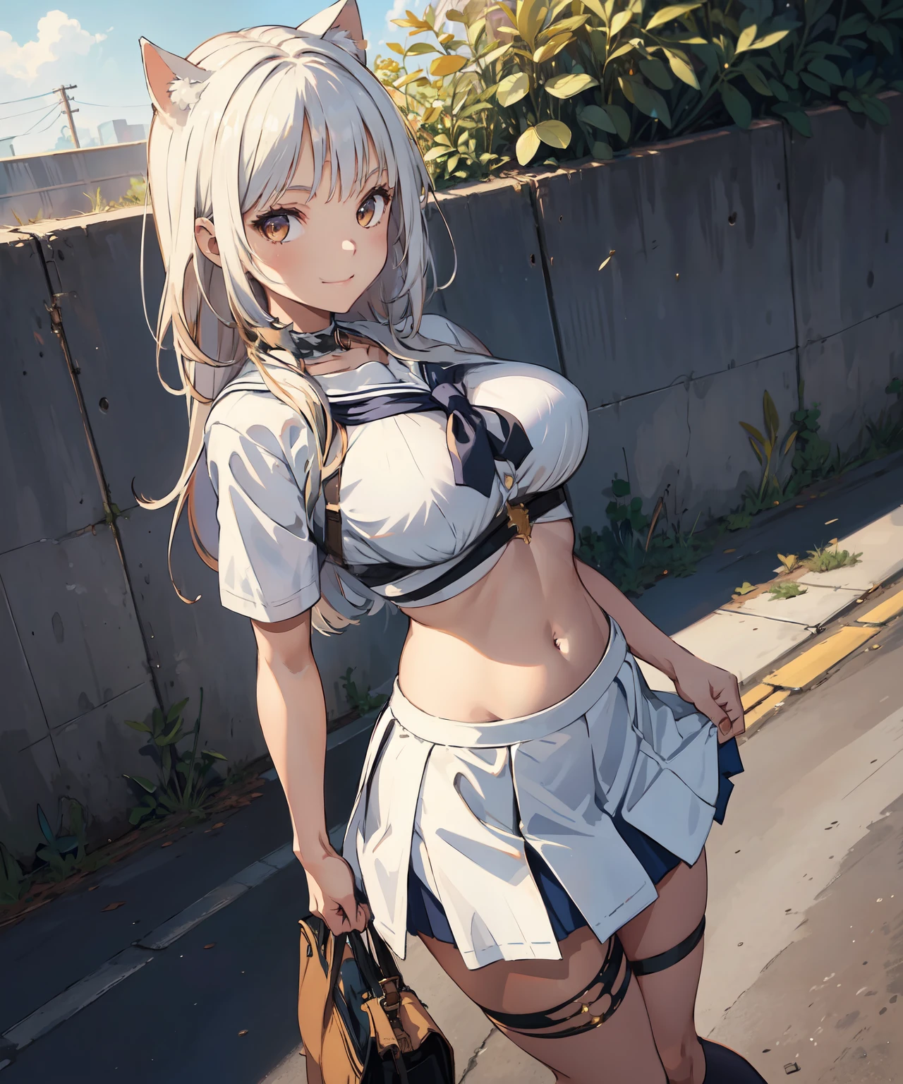 1girl,large breasts,massadress,outdoors, crop-top, cat ears, street,standing,cowboy shot, 
((school uniform)),light smile, (lifted by self)