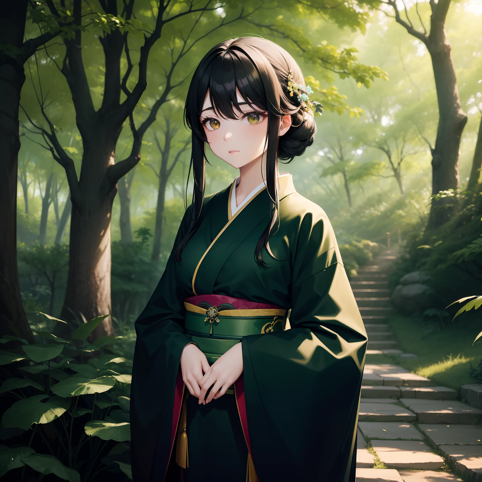 Beautiful and aesthetic forest、In the gentle sunshine、One girl standing。Her hair is in colorful shades of black and green、She wears a colorful kimono of jade and black to reflect this.。A magnificent locust tree rises behind it、She and her scenery give off a mysterious atmosphere。