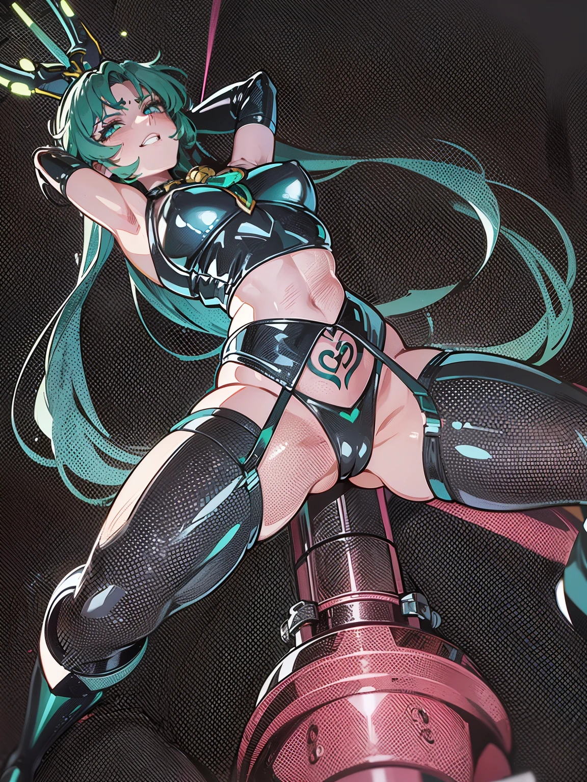 a closeup, 1girl in, Sailor Neptune, aqua eyes, Dark green hair, Medium Hair, (Body tights, Black latex long gloves and boots, Aqua-colored lines on the body, Heart Nipple Less, The navel is visible, Tattoo of the lower abdomen:1.1), Eyes without light, grin, Black ornament on forehead, Bat feather hair ornament, Spread your legs apart, Mechanical chair,Sit on a pipe that glows pink , top-quality, ​masterpiece, hight resolution, intricate detailes, ((realisitic)), black latex gloves, medium breasts⁩, chastity belt, natta