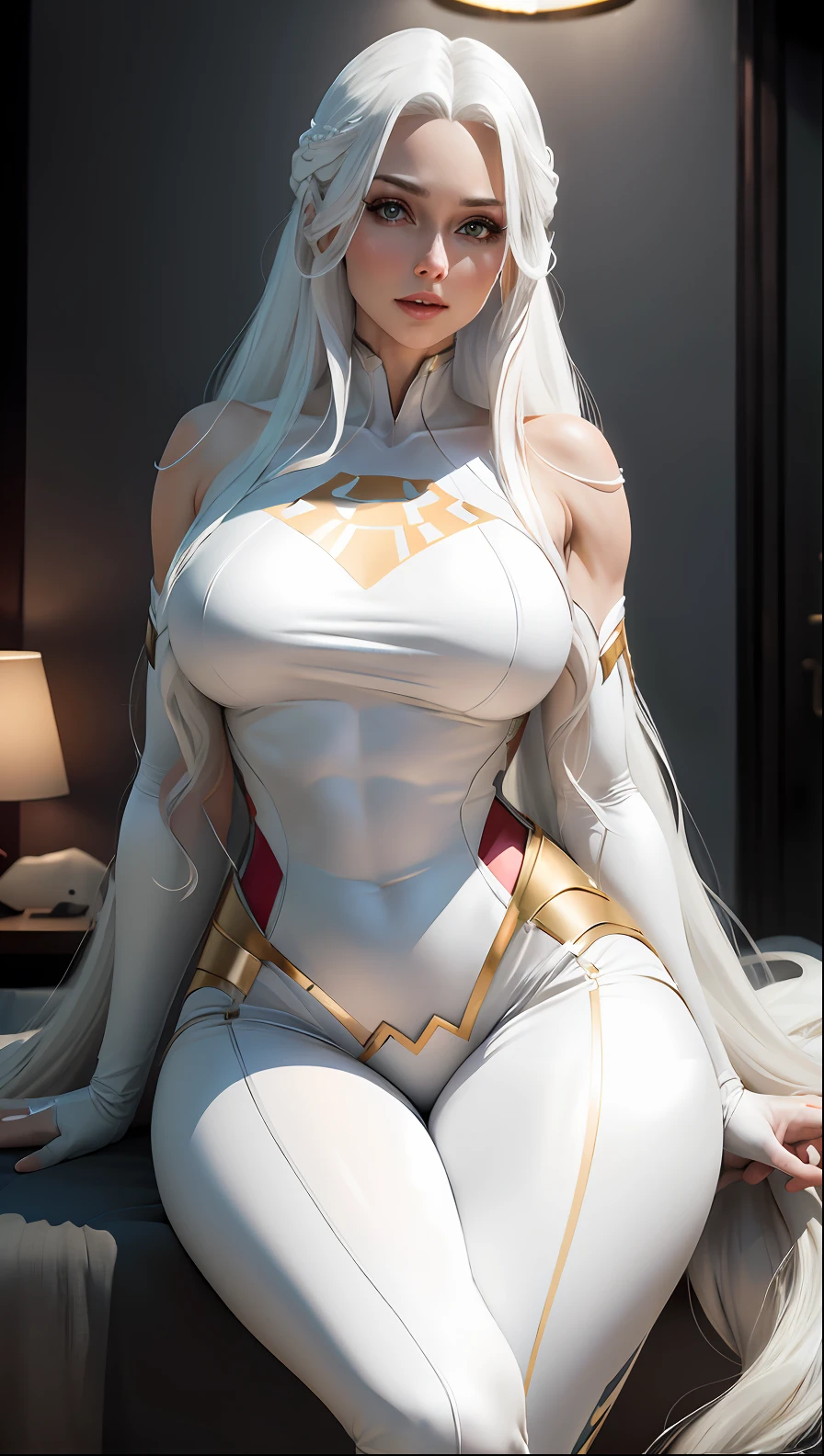 4k,realisticlying,Glamorous,The is very detailed,white super hero theme,long white hair,25 age old,full bodyesbian,Raised sexy,with a good figure