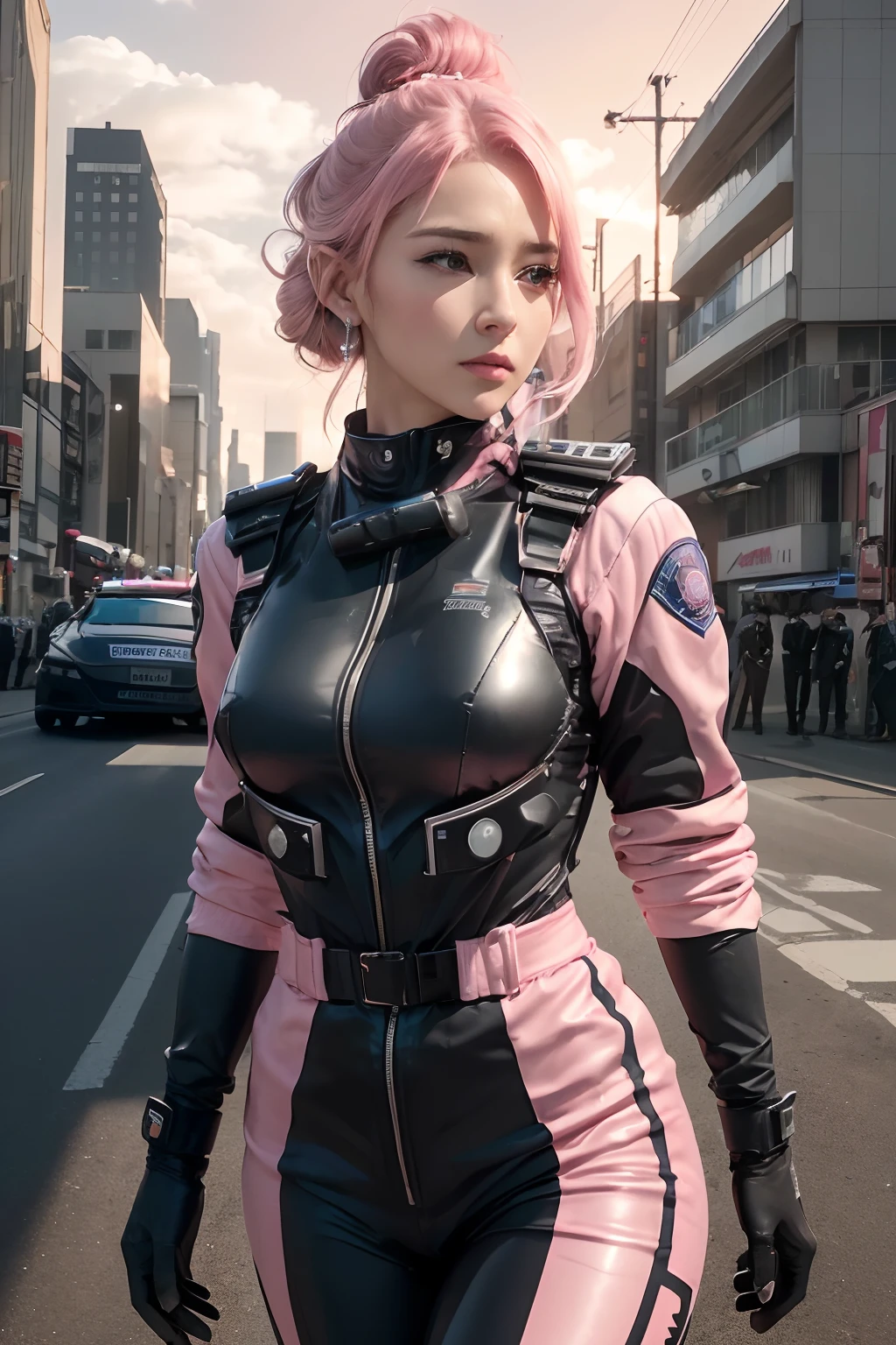 Top Quality, Ultra High Definition, (backlight), (Photorealistic: 1.4), (Pink updo Hair: 1.3), 1 Girl, (Kpop Idol), Detailed Face, Contrapposto, Smooth Skin, Perfect Anatomy, Cityscape, Professional Lighting, ((wearing Futuristic Racing Suits like Police uniform, police wappen, High-tech Headset, military harness, racing gloves, machinegun)), ("POLICE", pink hair,), (background, (Audience Coming close), crashed cars, fire, (Explosion),