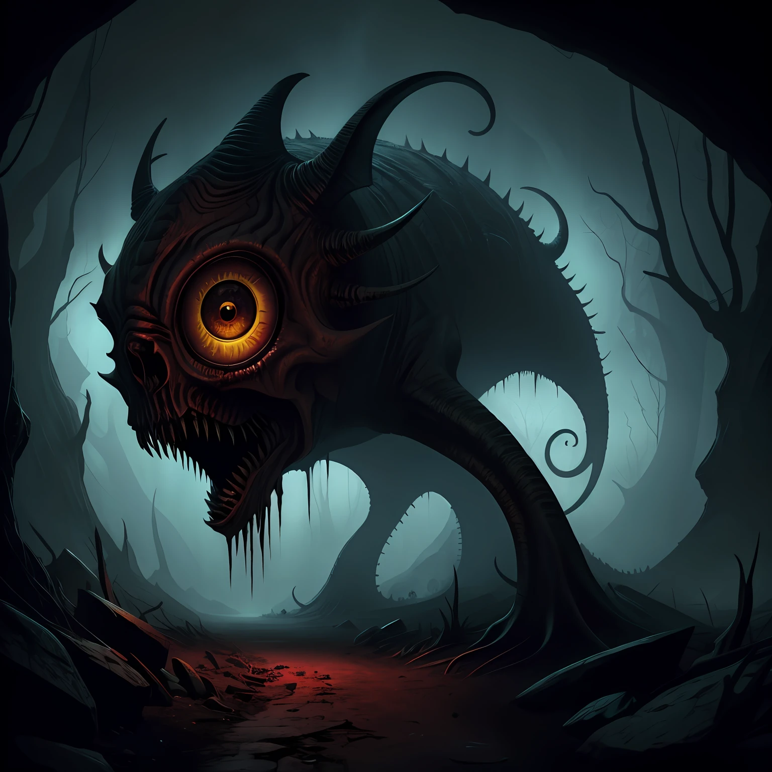 A terrifying, terrifying, mysterious, ominous, creepy, dark cave，Built by meat and monsters，sci-fy，fanciful，abstract artistic，ultra-realistic realism，terroral，Panorama of the body horror landscape made of blood-red flesh and monster face，The eye，Teeth and bones，Yellow and black sky，There is a huge yellow eye in the distance， Lovecraft， traditional art， 4 k， k hd， concept-art， number art， trends in art station，Mouse shape，