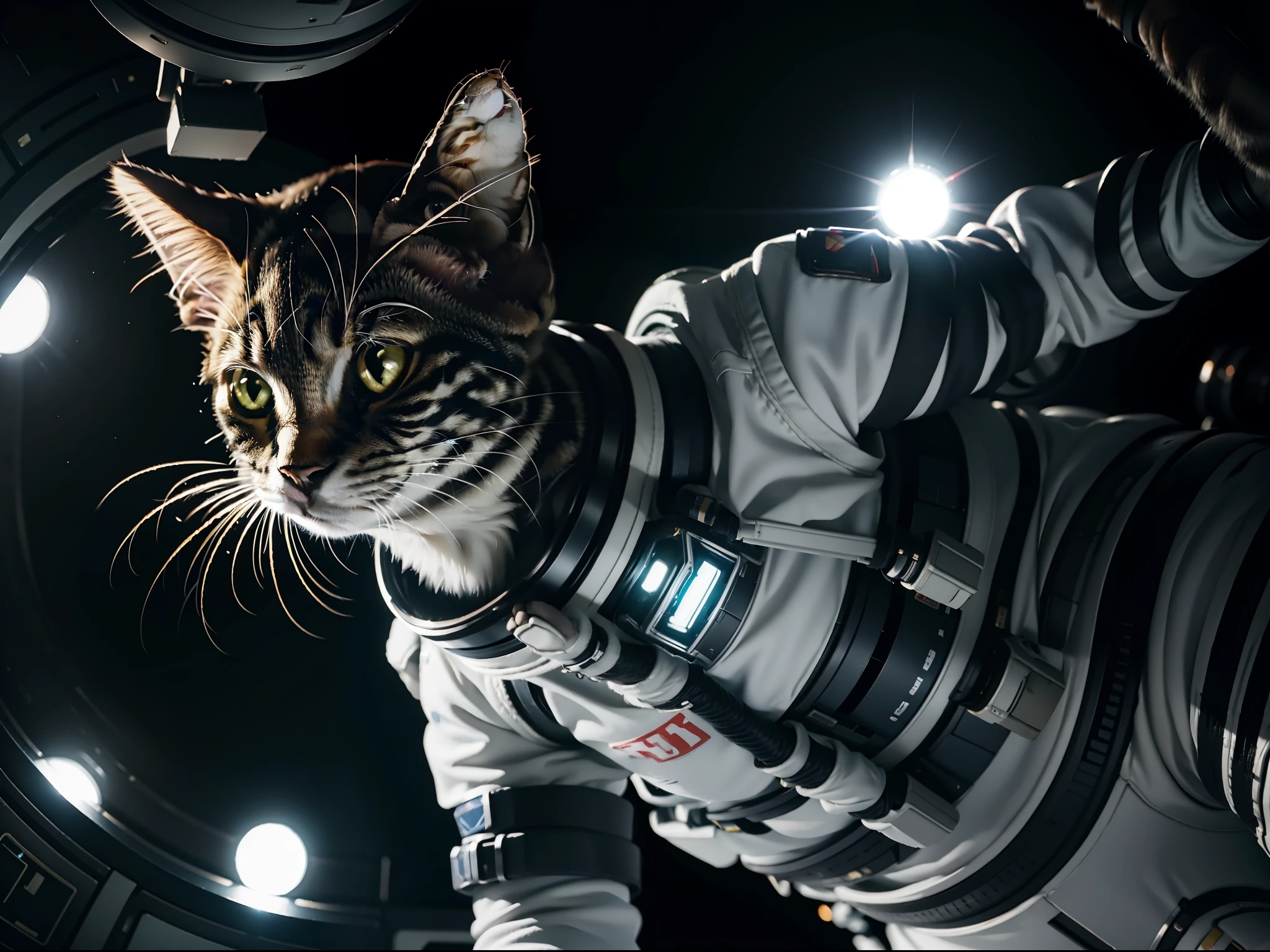 cat inside a space suit, space station, cute, cinematic lighting, dynamic pose, dynamic angle, photorealistic, best quality, 4k octane render,