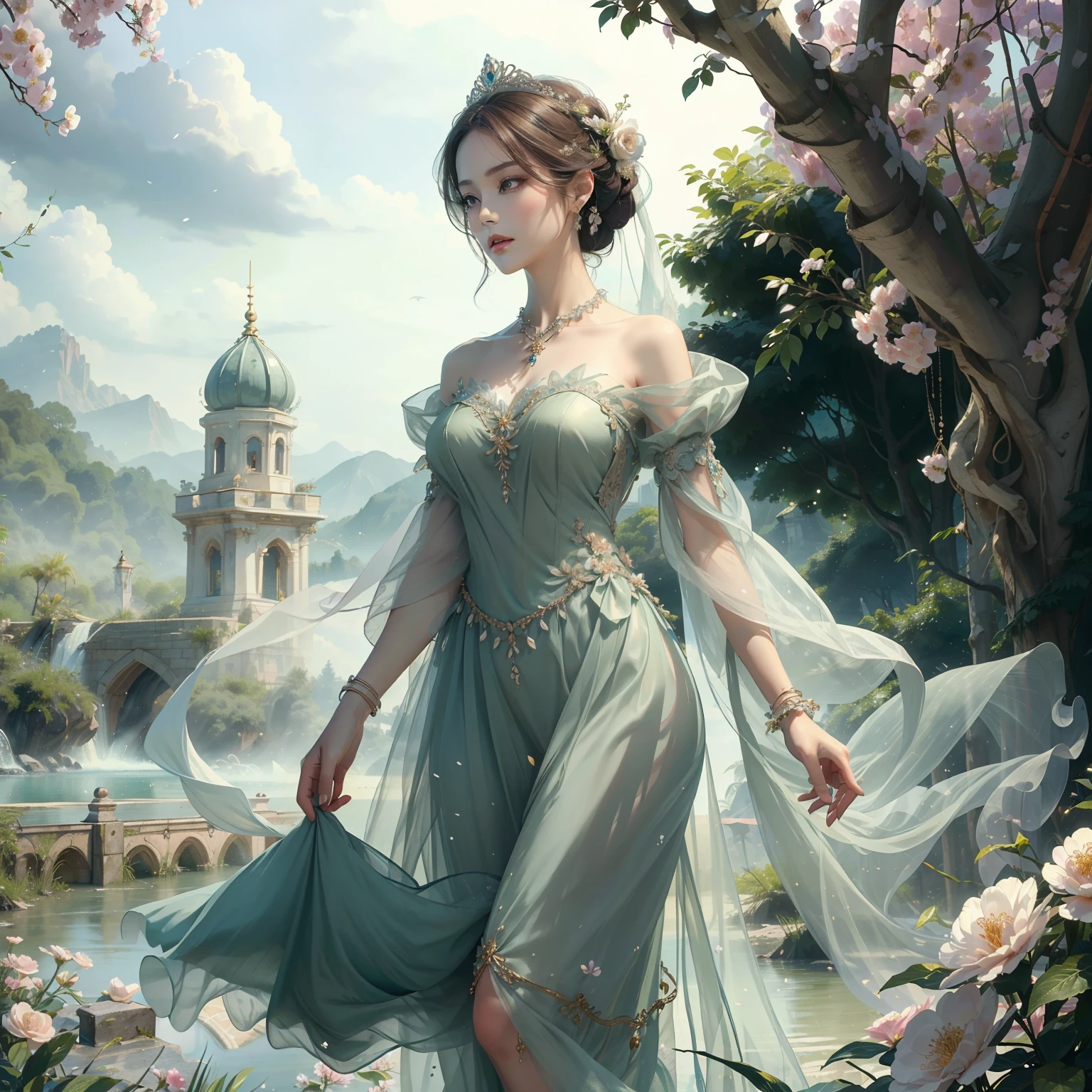 "High quality work at the level of a masterpiece,Fair skin and beautiful appearance,Elegant long legs,Dressed in aristocratic attire,Pair it with beautiful jewelry,Tulle light fabric,Blooming flowers,It is surrounded by lush green trees,Attractive fruits and stunning landscapes。”